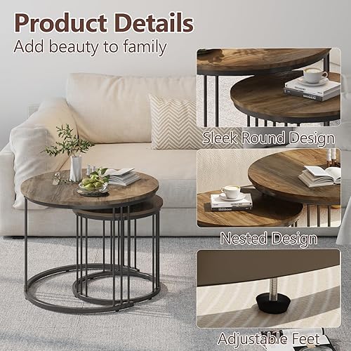 Miniatura 6 de Garden 4 you - Mesa de centro anidada, juego de 2 mesas redondas de 23.6" de centro de madera con marco metálico, mesas de centro para sala de