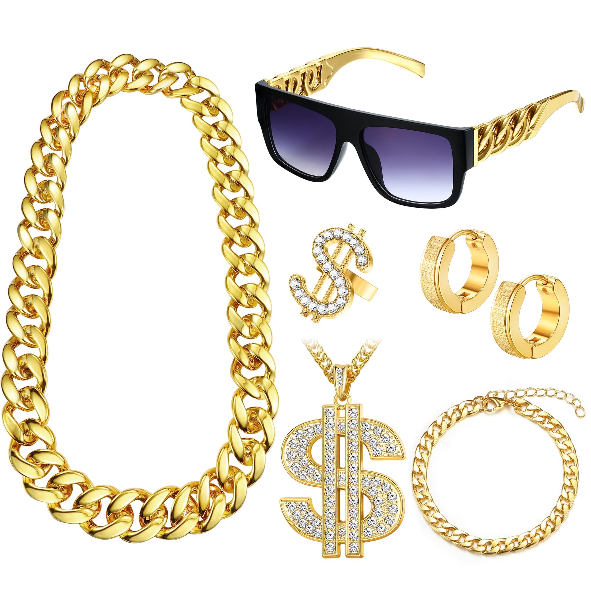 Diamday 80s 90s Hip Hop Outfit Costumes Accessories Fake Gold Chain Punk Sunglasses Dollar Sign Finger Ring Gold Chains Bracelet Hoop Earrings Hip Hop Jewellery for Rapper Men Women