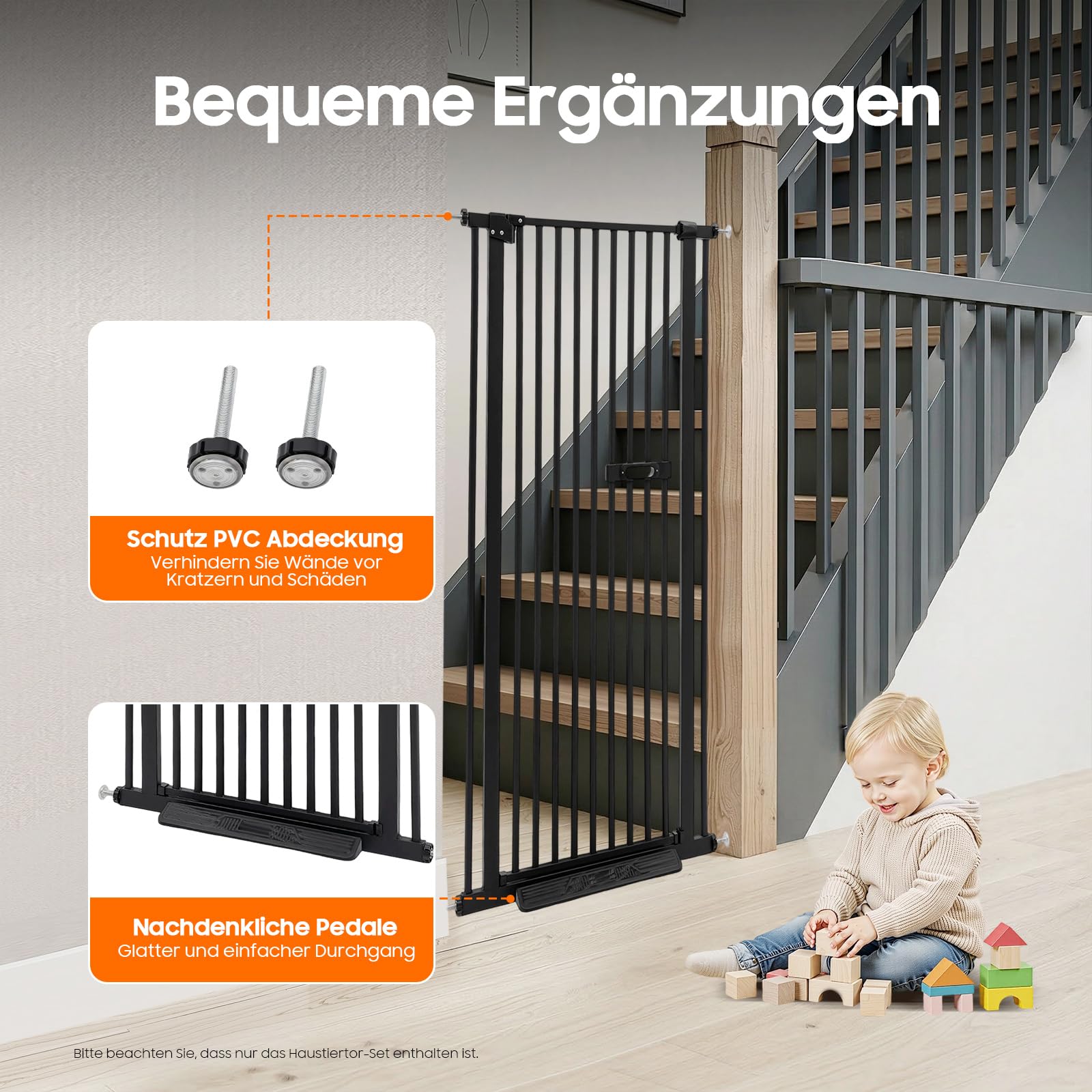 Barrera de seguridad para escaleras, sin agujeros, 150 cm, para niños, para perros, con cierre automático, ajustable, 76-85 cm, color negro