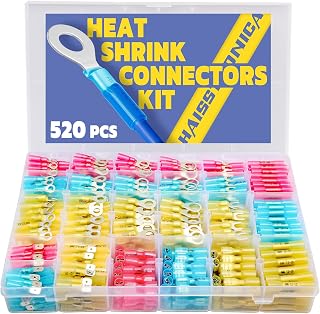 HAISSTRONICA 520PCS Marine Grade Heat Shrink Wire Connectors Kit - Tinned Copper Ring Fork Spade Butt Splices 22-10 AWG, Waterproof 3:1 Shrink (3 Colors, 24 Sizes)