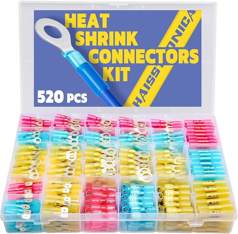 haisstronica 520PCS Heat Shrink Wire Connectors, 22-10 AWG, 3Colors/24Sizes | Marine Grade Ring, Fork, Spade & Butt Terminals for Multiple Automotive & Boat Accessory Wiring Tasks, Electrical Connectors
