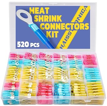 haisstronica 520PCS Heat Shrink Wire Connectors, 22-10 AWG, 3Colors/24Sizes | Marine Grade Ring, Fork, Spade & Butt Terminals for Multiple Automotive & Boat Accessory Wiring Tasks, Electrical Connectors