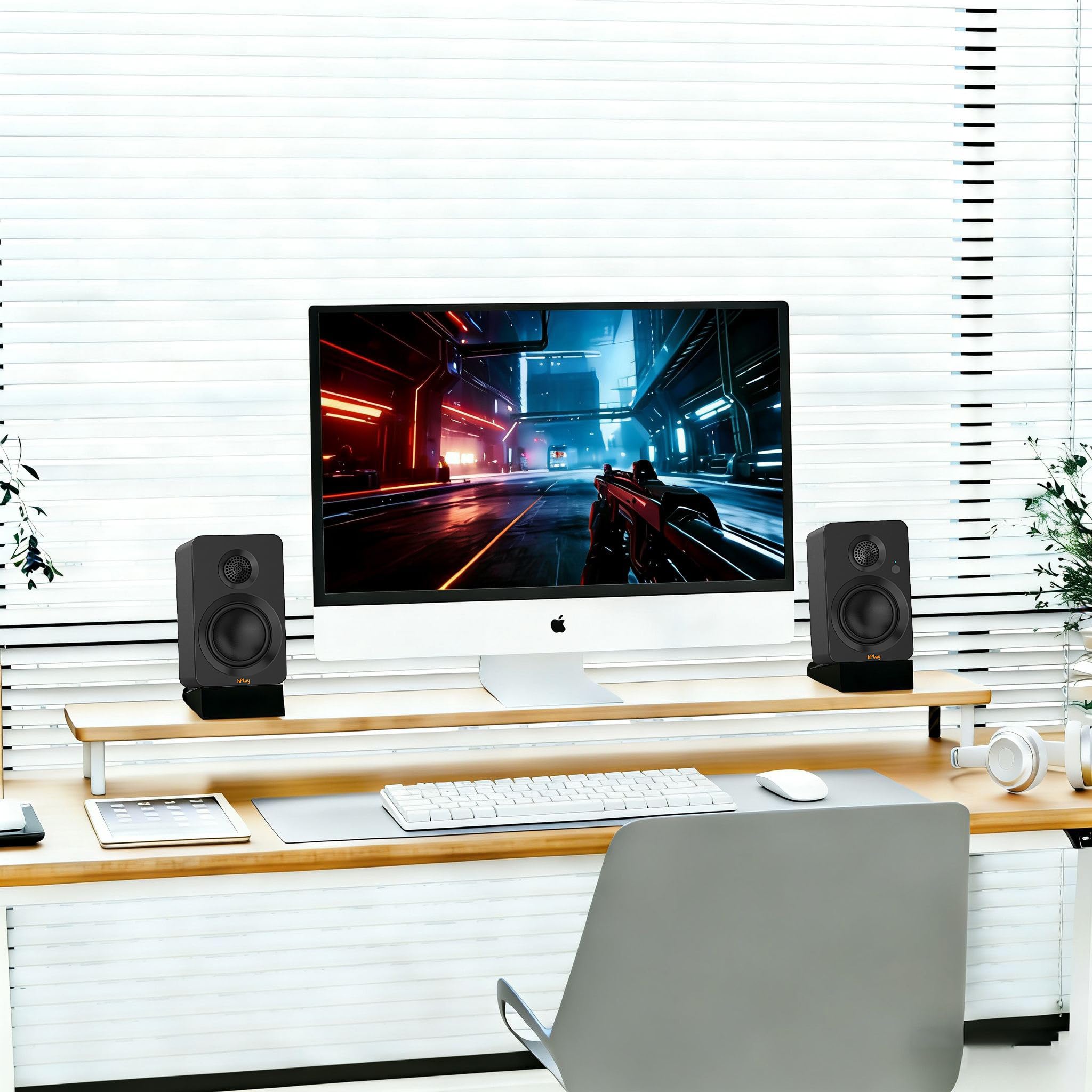 hPlay BS32B Aktivlautsprecher – 60W PC Lautsprecher mit Bluetooth 5.3, USB-C Soundkarte, Subwoofer-Ausgang & Fernbedienung, absorberplatte Lautsprecher, kompakte Regallautsprecher (Schwarz)