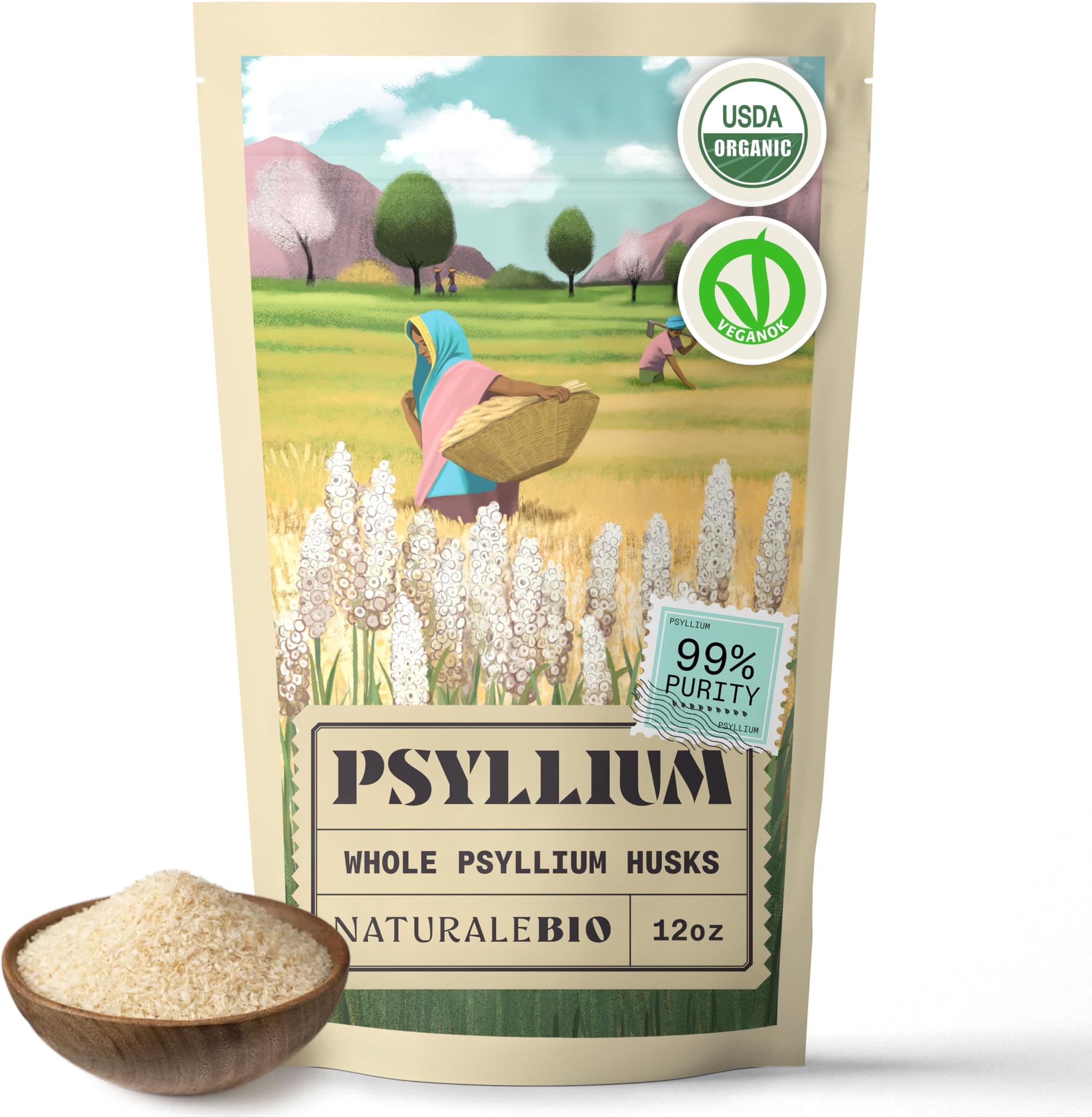 NaturaleBio Organic Whole Psyllium Husk 12oz (340g). 99% Pure Psyllium Seed Husks. USDA Organic Certified. Isabgol Natural Fiber for Keto, Paleo, Vegan & Gluten-Free Diets.