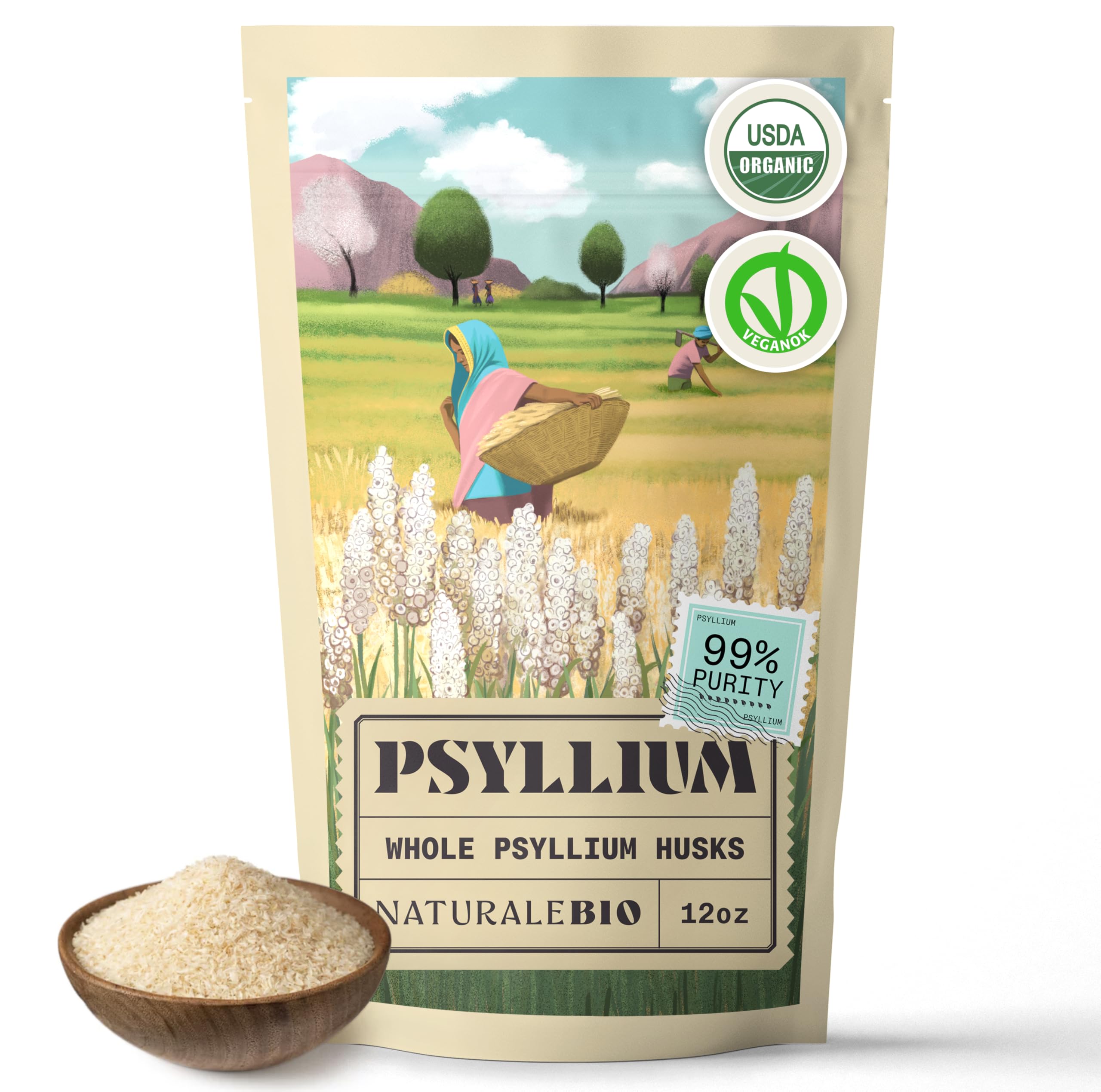NaturaleBio Whole Psyllium Husk. 12 oz. 99% Pure Psyllium Seed Husks. Natural Fiber Supplement. USDA Organic Certified. Produced in India. Gluten Free, Keto, Paleo, Vegan Diets. ProbioticsUSDA Organic