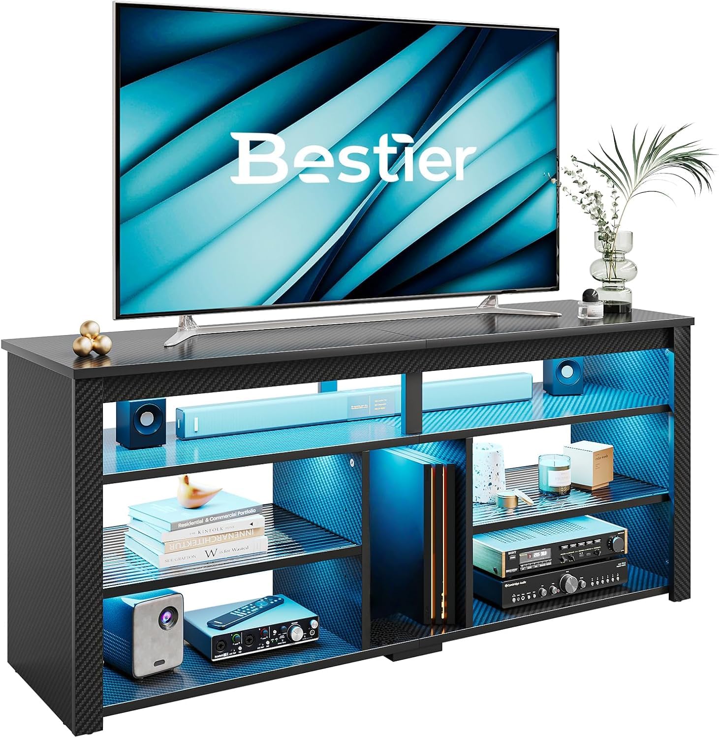 Bestier 140CM LED TV Cabinet 55-65 Inch LED TV Stand with Storage for PS4/Xbox, Adjustable Shelves Entertainment Centre, Tall Modern Media Console for Living Room (Black Carbon Fiber)