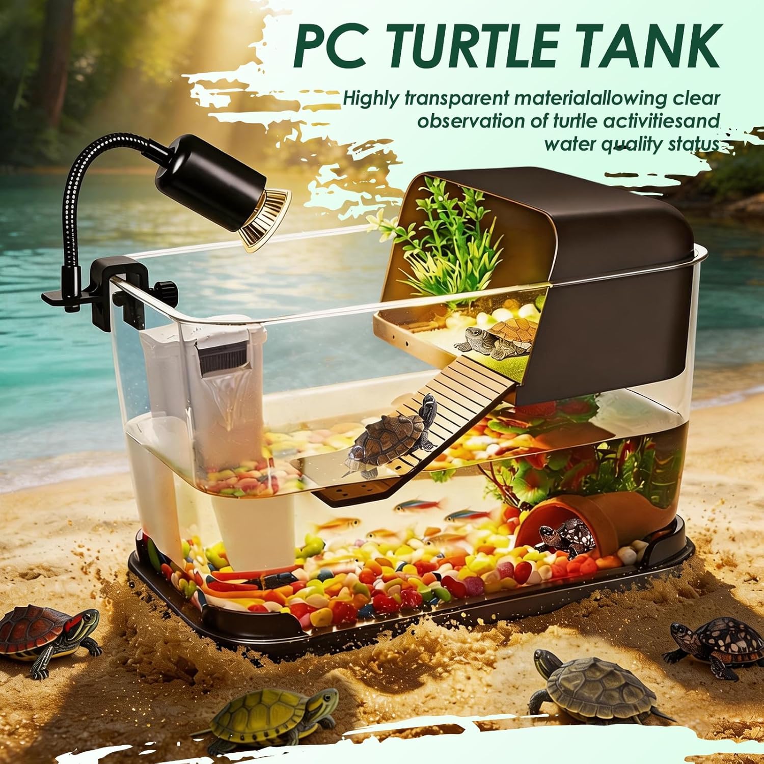 Turtle Tank Starter Kit, PC Turtle Tank Aquarium with Basking Platform, UVB Lamp, Filter, Plants, Feeding Ring - Habitat for Baby Turtles