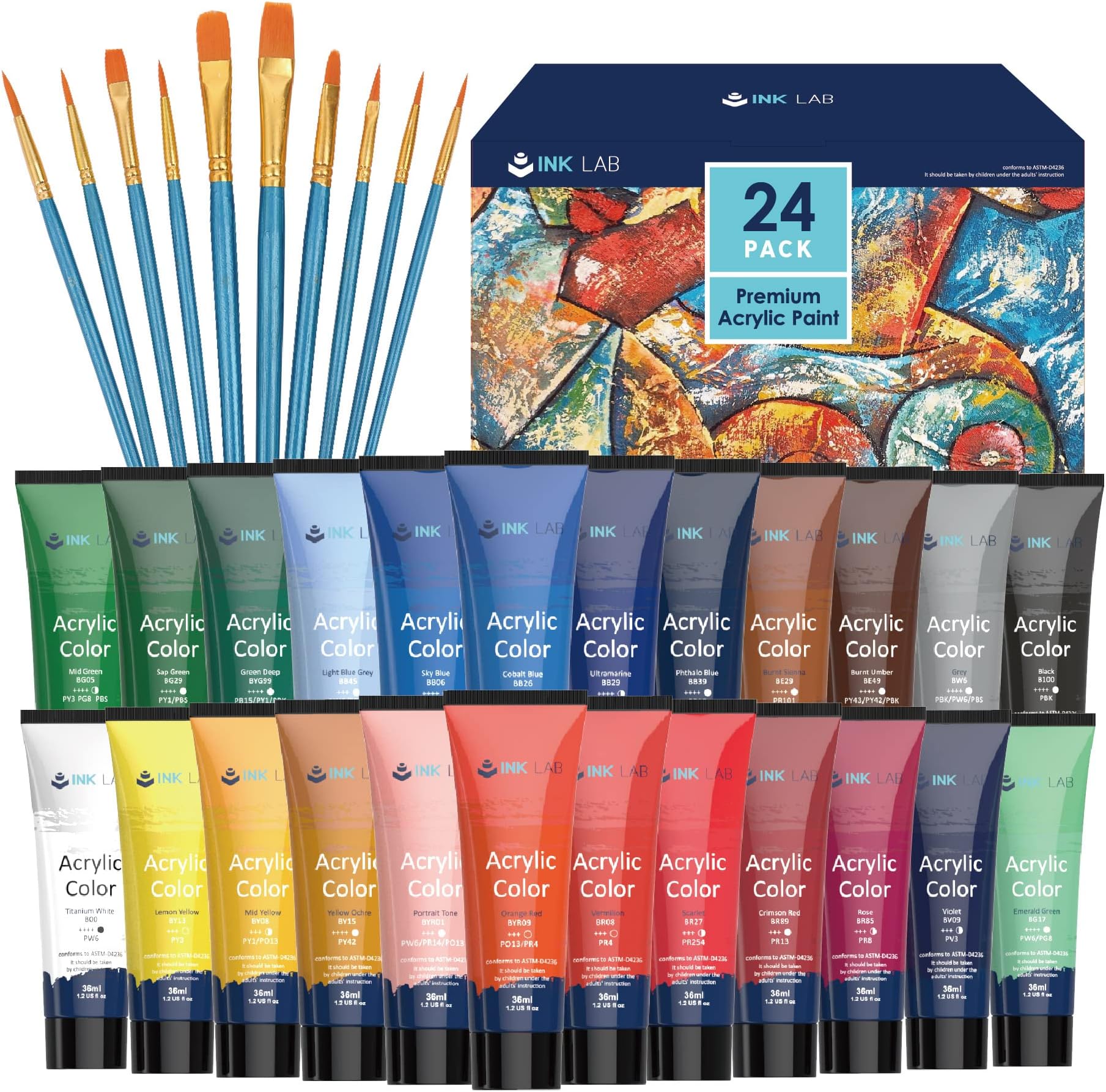 - Acrylic Paint Set 24 Colors Craft Paints in Tubes with 10 Art Brushes Rich Pigment for Artists Beginners Painting on Canvas Wood Fabric Crafts, 36ml/Tube