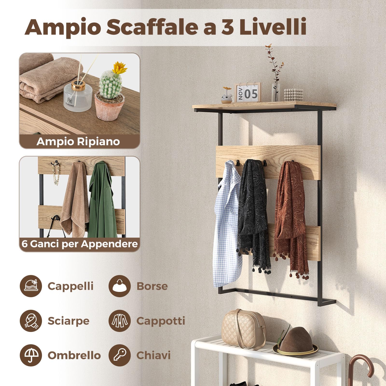 RELAX4LIFE Appendiabiti a Parete, Appendiabiti da Ingresso con Asta per Appendere, Mensola di Stoccaggio, Struttura in Metallo per Bagno, Soggiorno, Camera da Letto