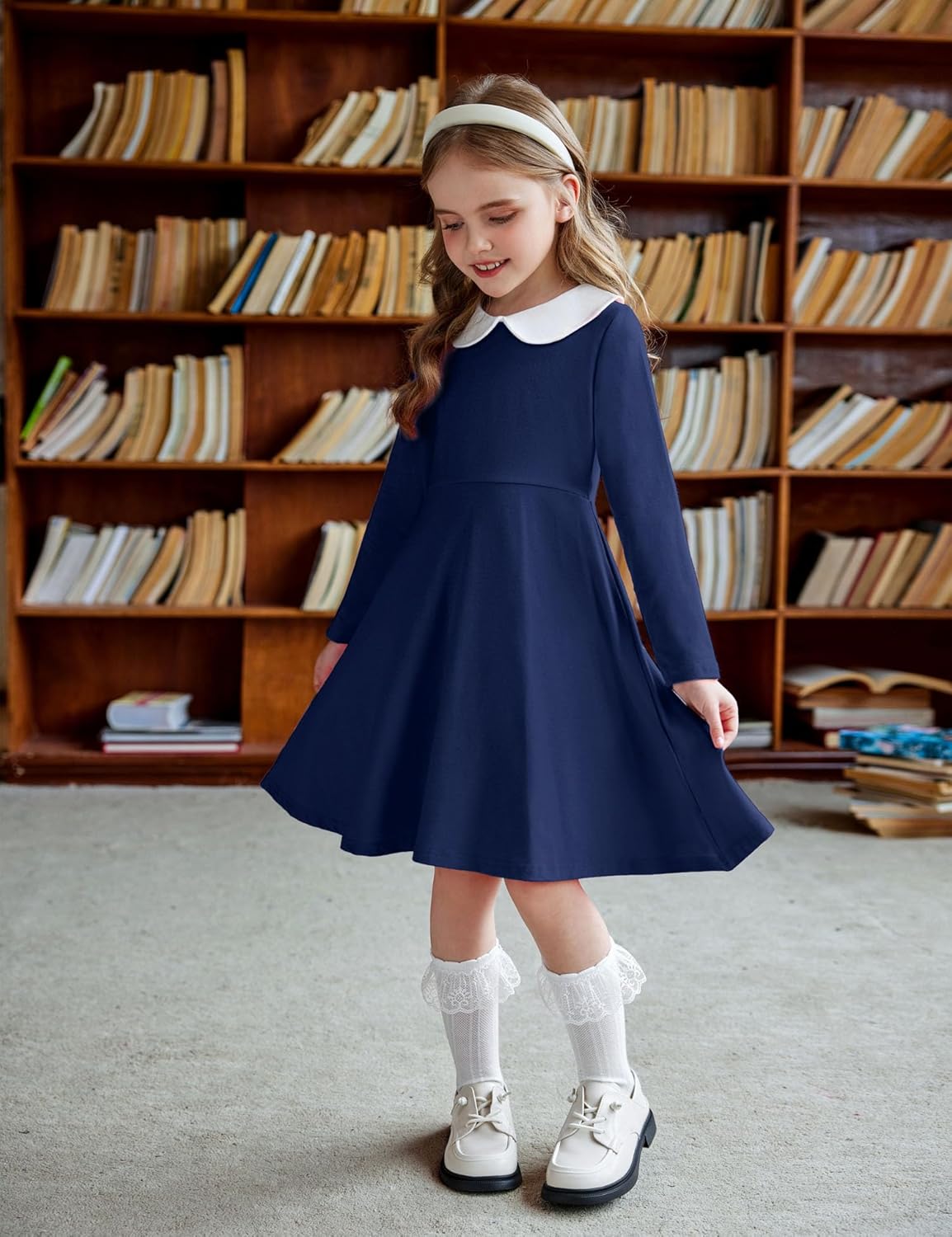 Arshiner Girls Long Sleeve Dress Casual Vintage Peter Pan Collar Swing Party Dress Age 3-14 Years - Image 4