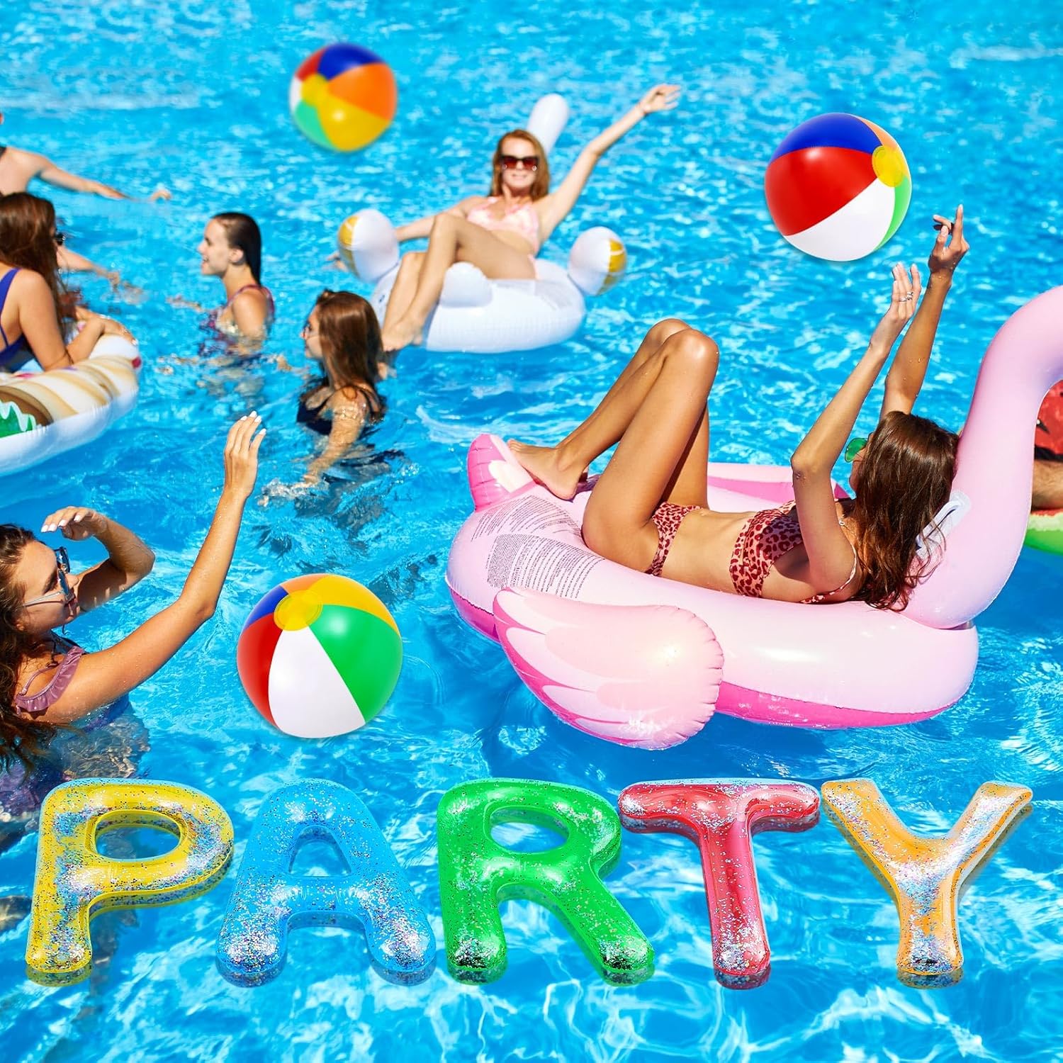 Ceenna 20" Pool Party Floating Pool Inflatable Letters Decoration with 4 Beach Balls for Hawaiian Luau Surfboard Swimming Party