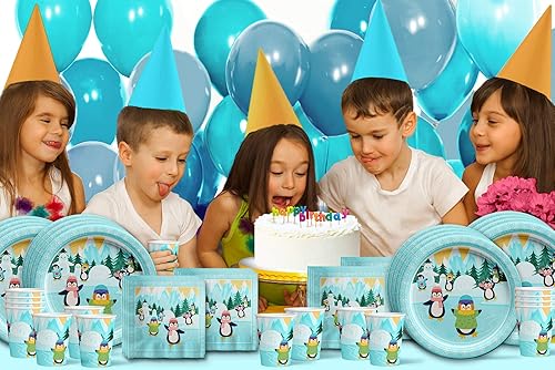 Miniatura 7 de Juego de suministros para fiesta de cumpleaños de pingüinos, platos, servilletas, vasos, vajilla para 16