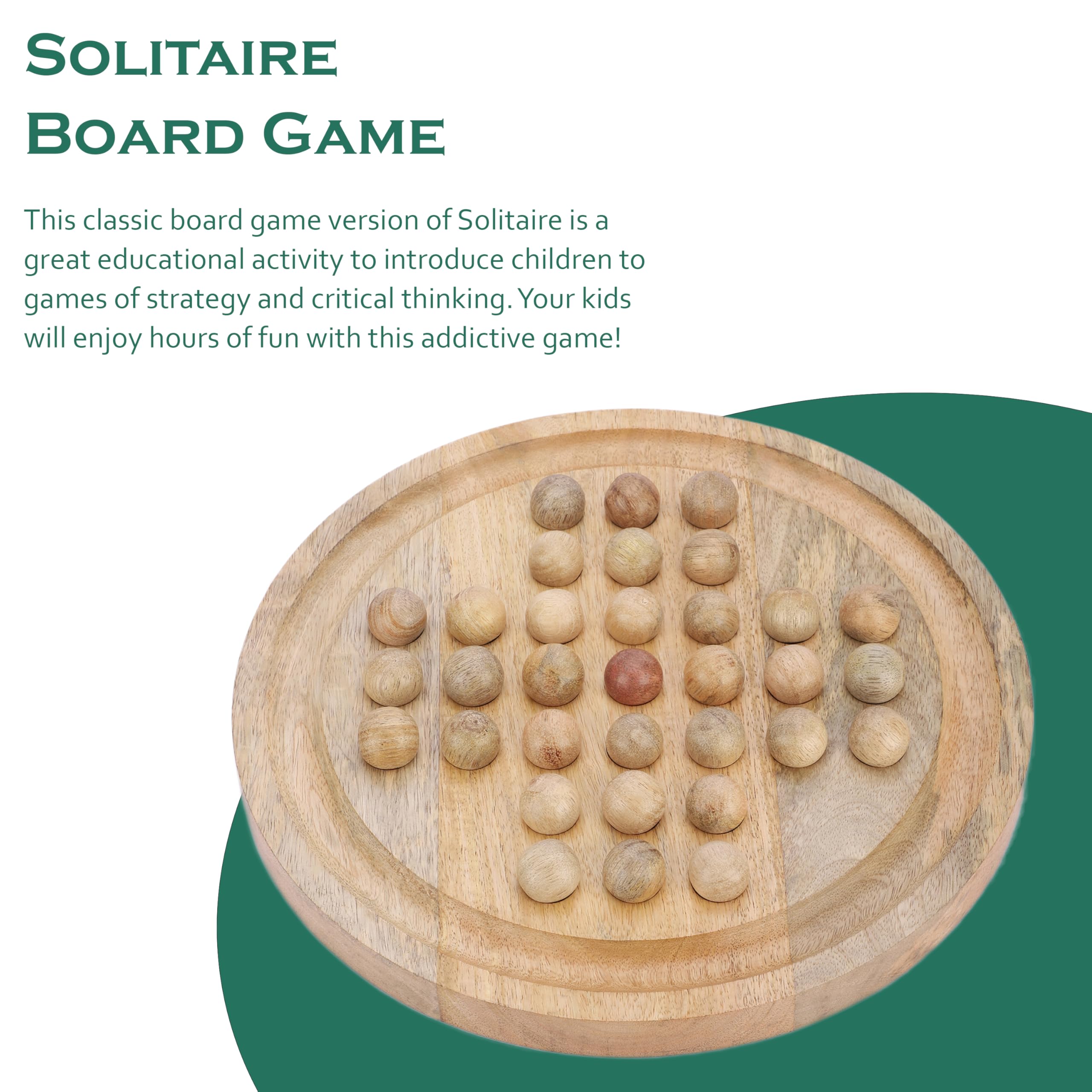 Ajuny Solitario in Legno Fatto a Mano da 27 cm con Pioli in Legno – Gioco Peg Solitaire Classico, Rompicapo Strategico Educativo, Puzzle da Tavolo Decorativo per Bambini e Adulti
