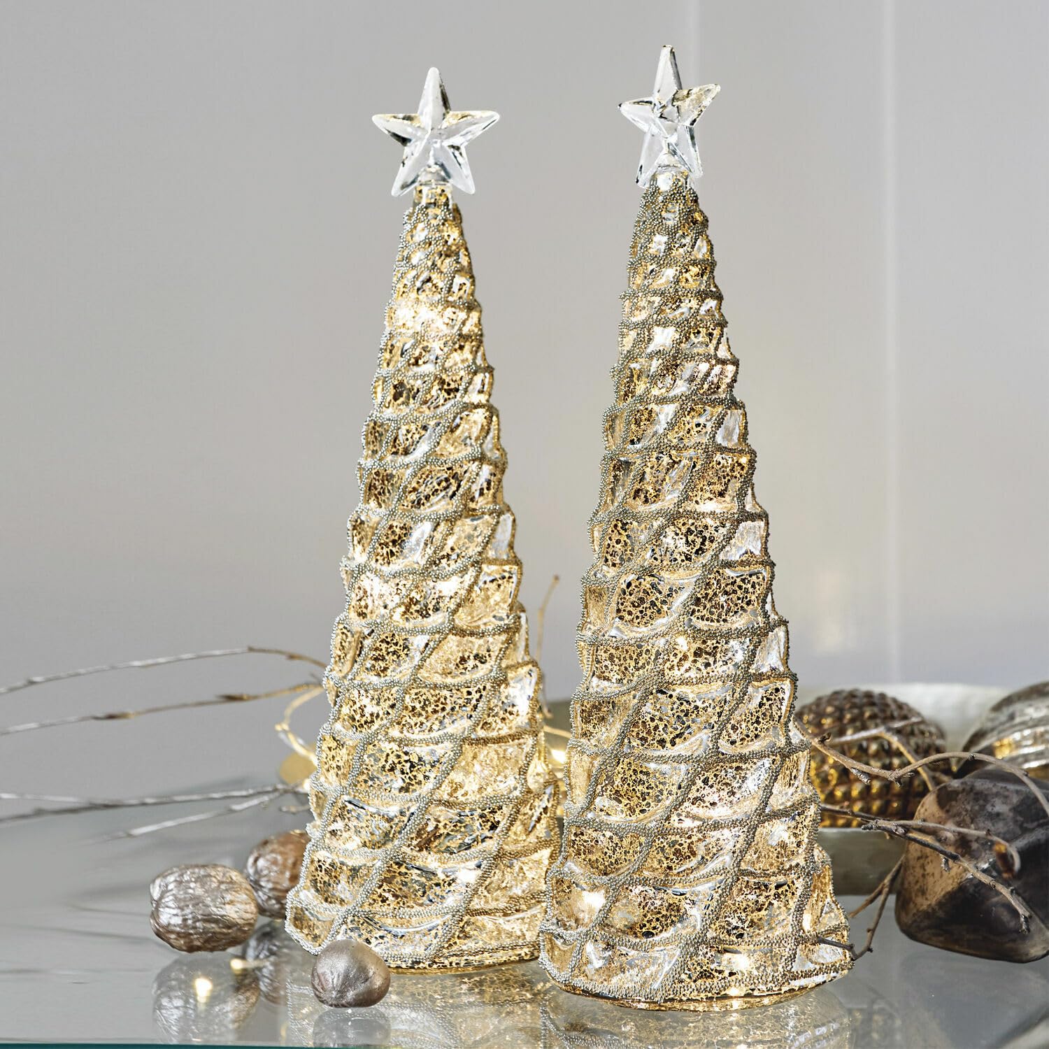 Loberon Deko-Baum 2er Set Glitter, Silber/klar | mit Bauernsilber, inkl. warmweiße LEDs, Wohn-Accessoire,Weihnachtsbeleuchtung, Weihnachtsdekoration, Weihnachten, Glas