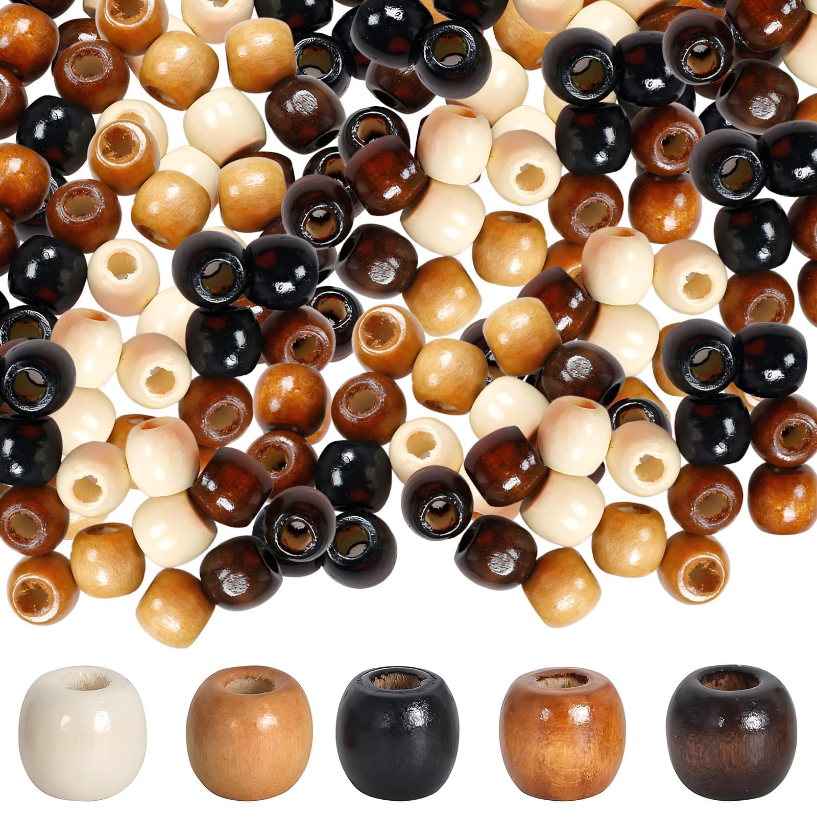 250Pcs Large Hole Beads, Wooden Beads for Crafting 11 * 12mm 5 Colors Vintage Round Wooden Hair Bead Applicable to Necklaces Bracelets Hair Braiding DIY Handmade Decor