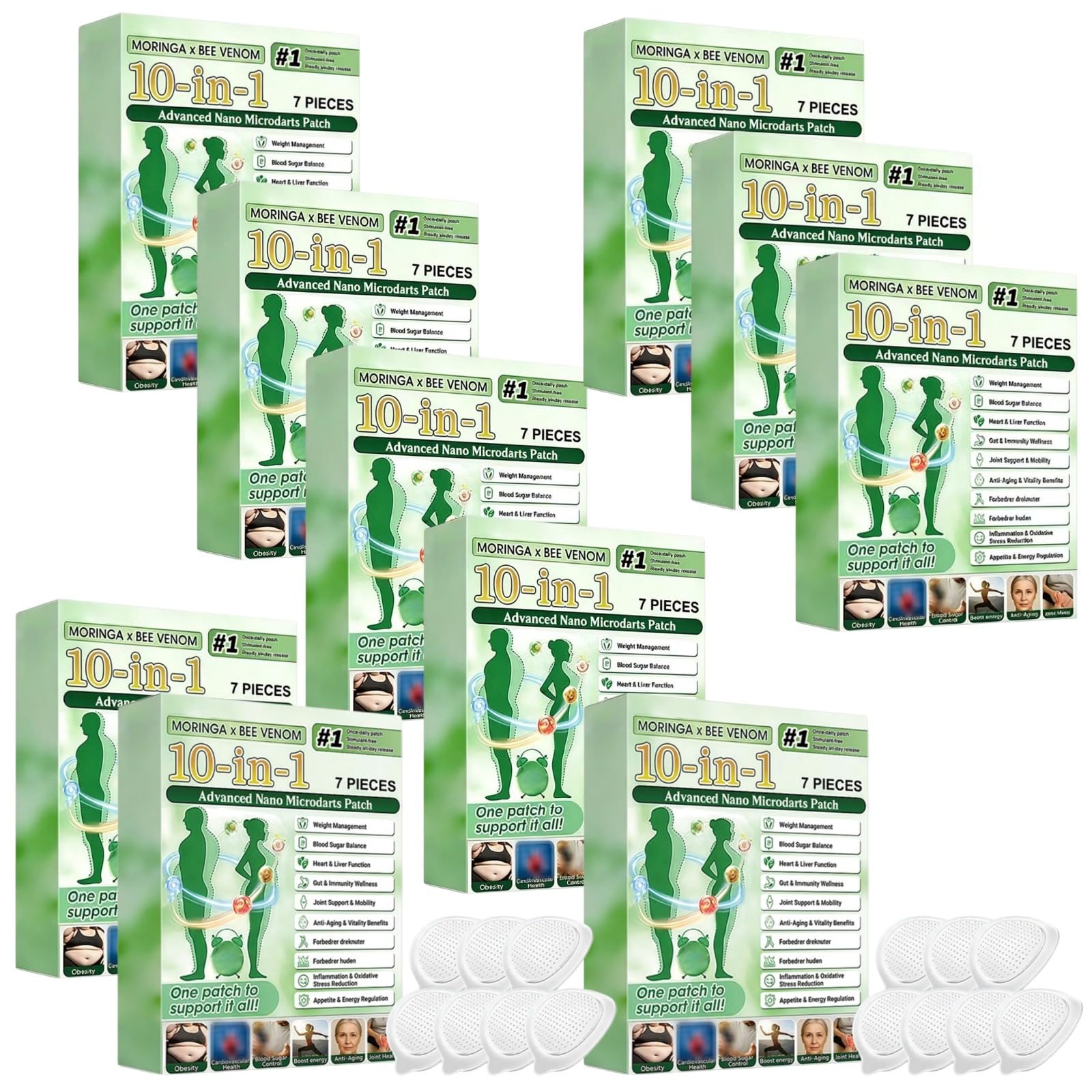 Patch Nano 10 in 1 al Moringa & Veleno d'ape, Patch Nano Microneedle Dimagrante Ingredienti Naturali, Facile da applicare, invisibile sotto i vestiti, uomo e donna