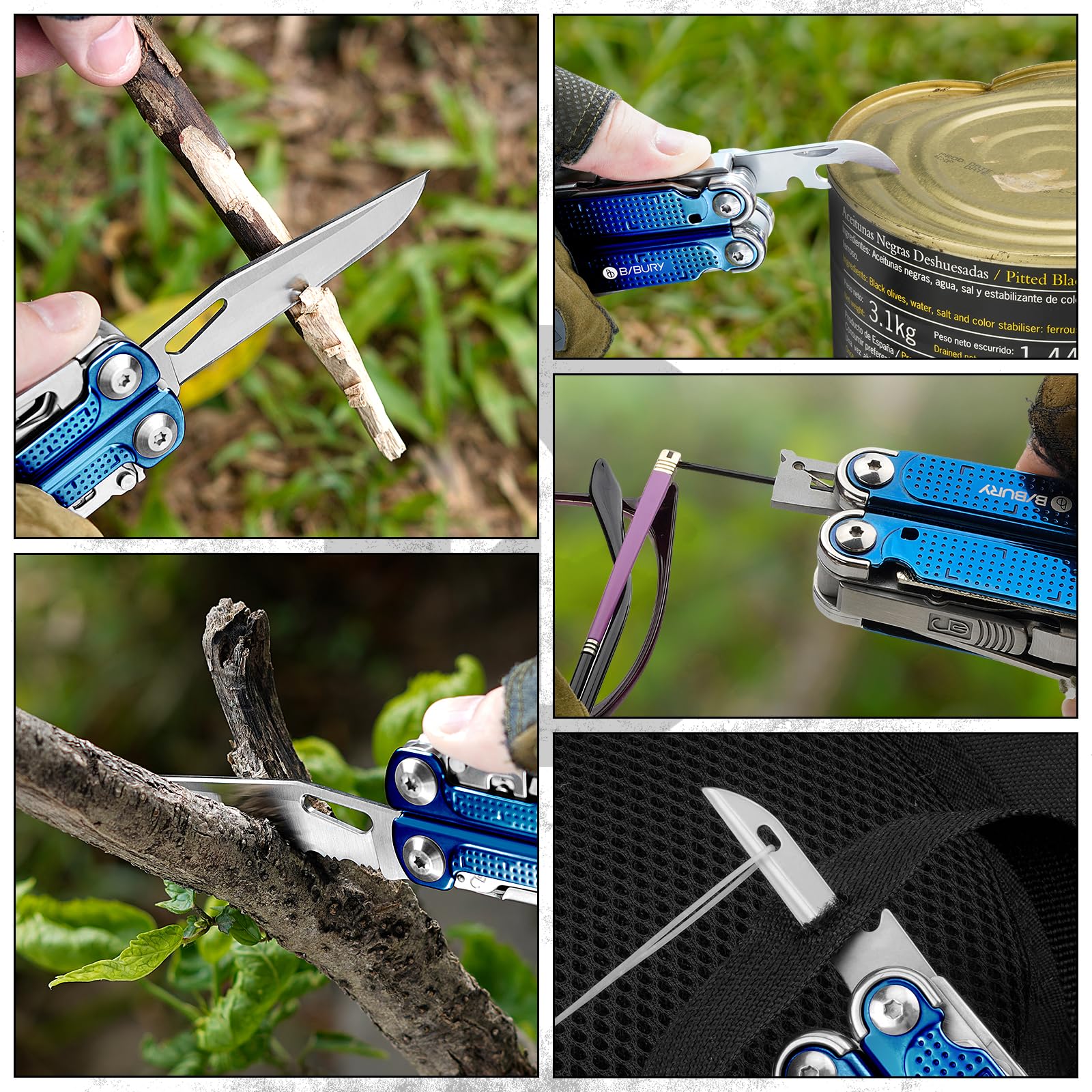 BIBURY Multiherramientas, alicates plegables con mango de titanio azul,regalo para hombres, navaja multiusos de acero inoxidable para el trabajo exterior, camping, reparación - Pro BI2049BL
