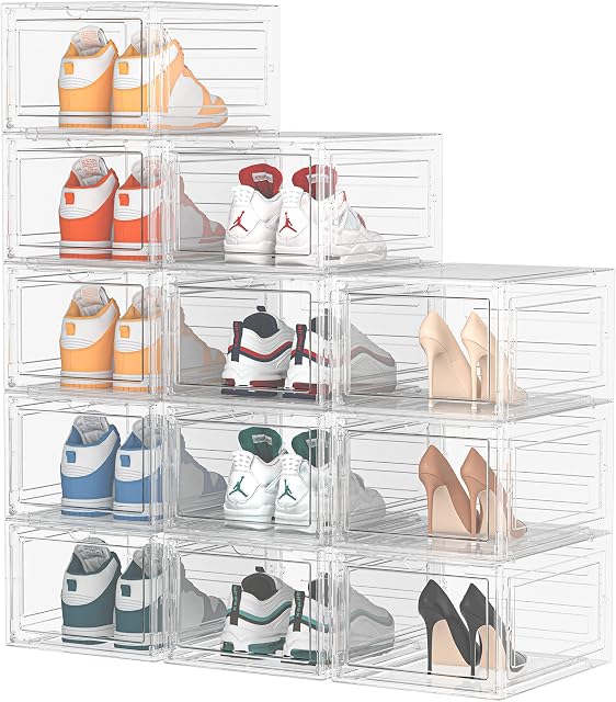 HOMIDEC 12 pcs Shoe Box, Shoe Storage Boxes Clear Plastic Stackable, Shoe Organizer Containers with Lids for Women/Men 34.5 x 27 x 19 cm