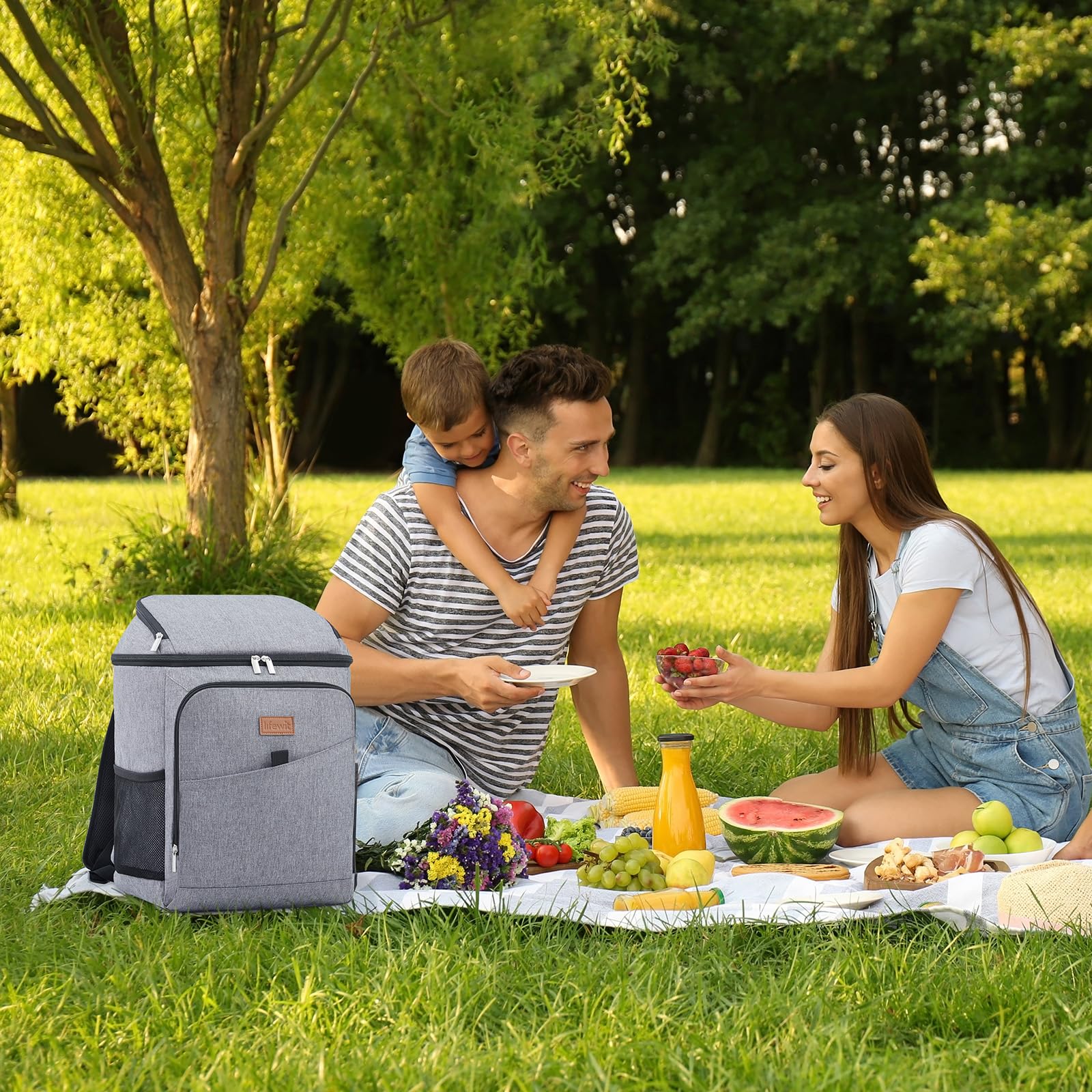 Lifewit 32L 34 Dosen isolierte Kühltasche, Große kühlrucksack, auslaufsichere tragbare Lunchtasche, weiche Kühlbox für Outdoor, Picknick, Strand, BBQ, Camping, Reisen, Familie, Grau