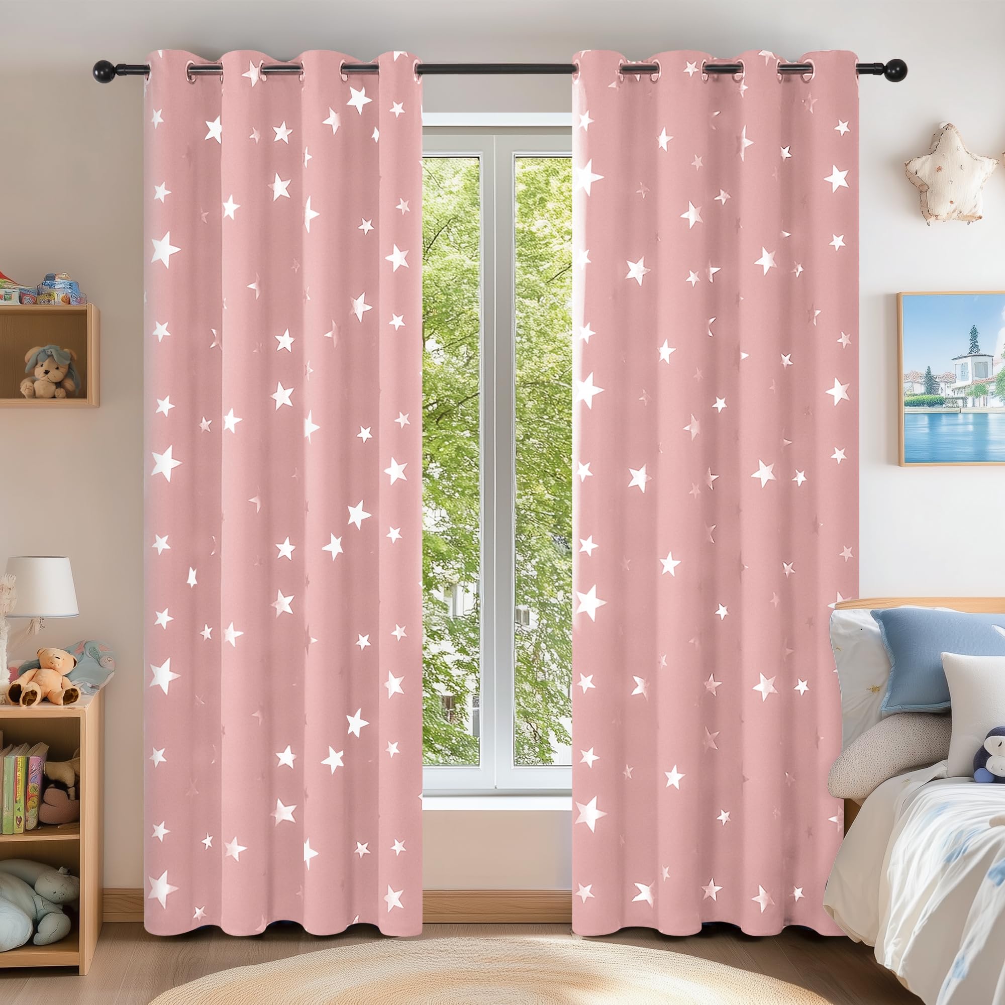 Deconovo Darkening Curtains Blackout Eyelet Thermal Insulated Silver Star Foil Printed Curtains Ring Top for Bedroom 46x72 Inch Coral Pink 2 Panels