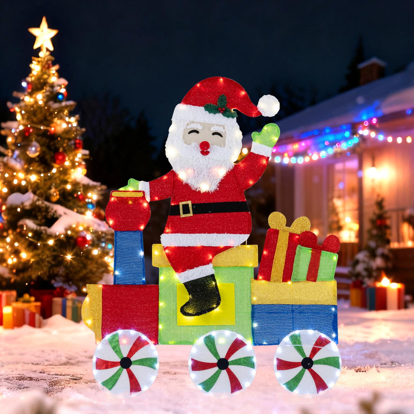 SOARS LED Weihnachtsmann 2D, Weihnachtsfigur groß 120cm im Zug, Weihnachtsdeko Outdoor mit 133 warmweißen LEDs, Weihnachtsdekoration wetterfest, Weihnachtsbeleuchtung für innen & außen