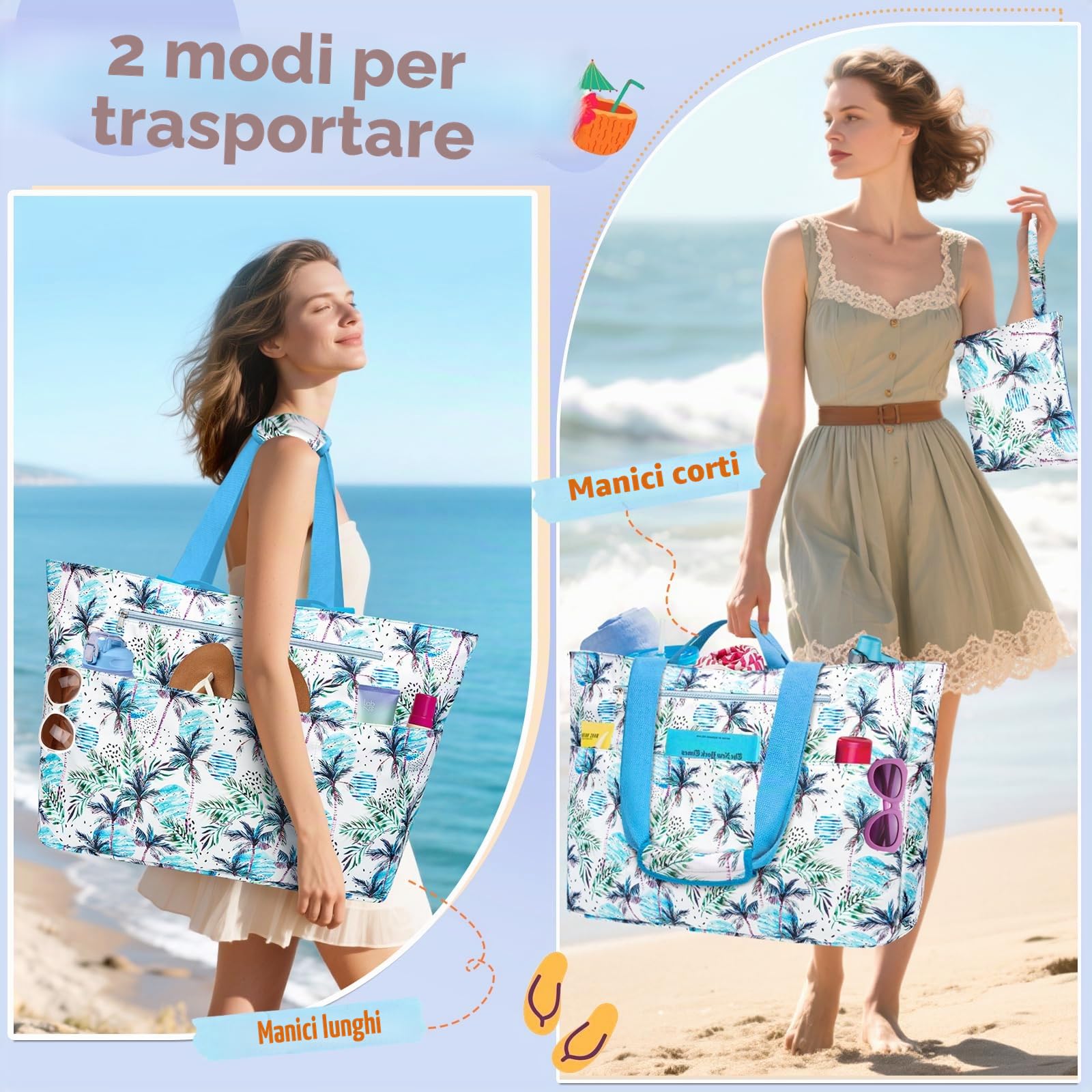 Borsa Mare Donna Grande XXL Famiglia 50L Impermeabile Borsa da Spiaggia con Cerniera Borse Mare Uomo Pieghevole Beach Tote Bag con 14 Taschen per Viaggio Shopping Picnic (Blu Foglie)