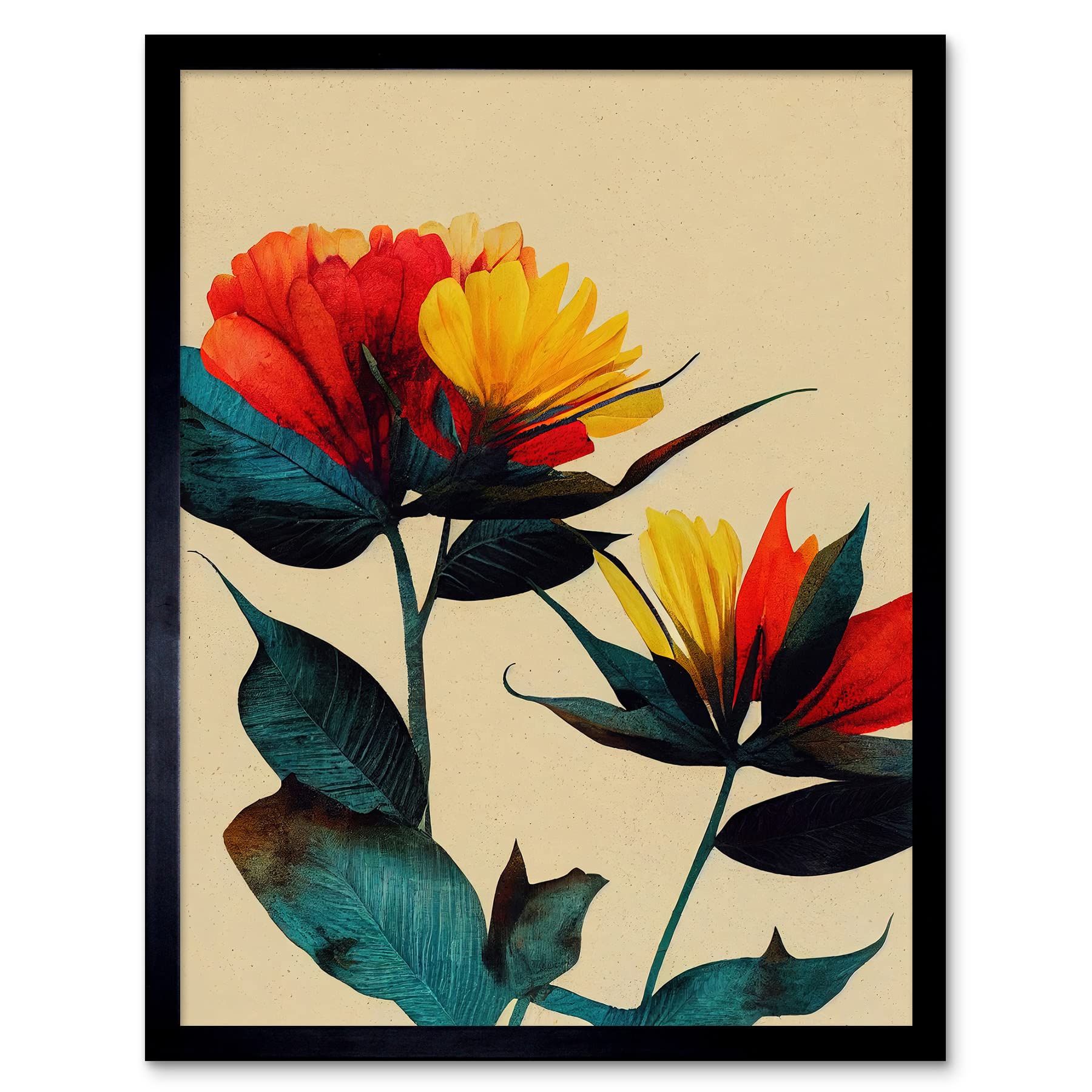 Wee Blue Coo Botanical Bold Flowering Yellow Red Teal Art Print Framed Poster Wall Decor 12x16 inch