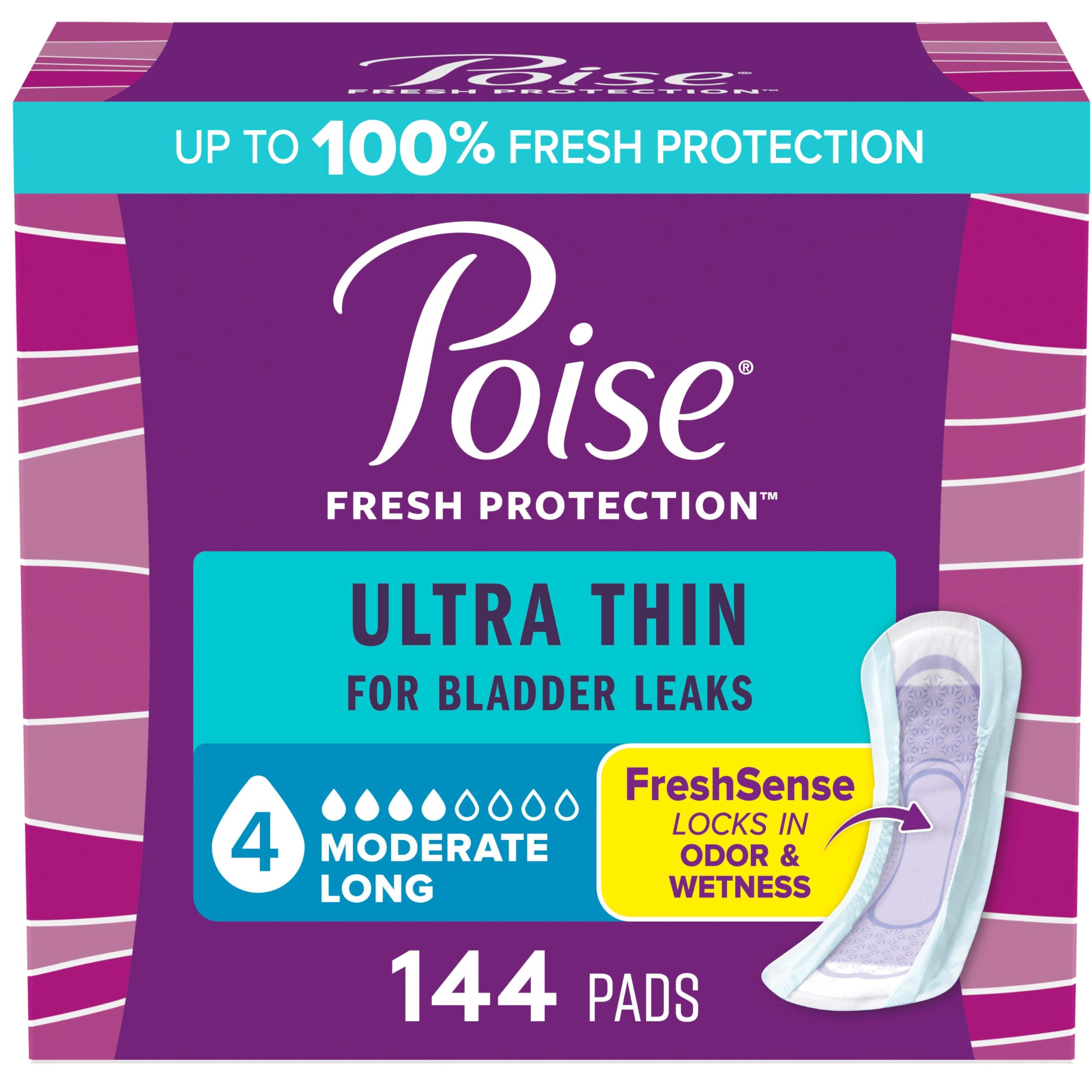 Poise Ultra Thin Incontinence Pads for Women, Moderate Absorbency, Long Length, 144 Count (3 Packs of 48) (Packaging May Vary)