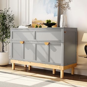 Queen Size Murphy Bed, Wood Cabinet Bed with Legs, Gray