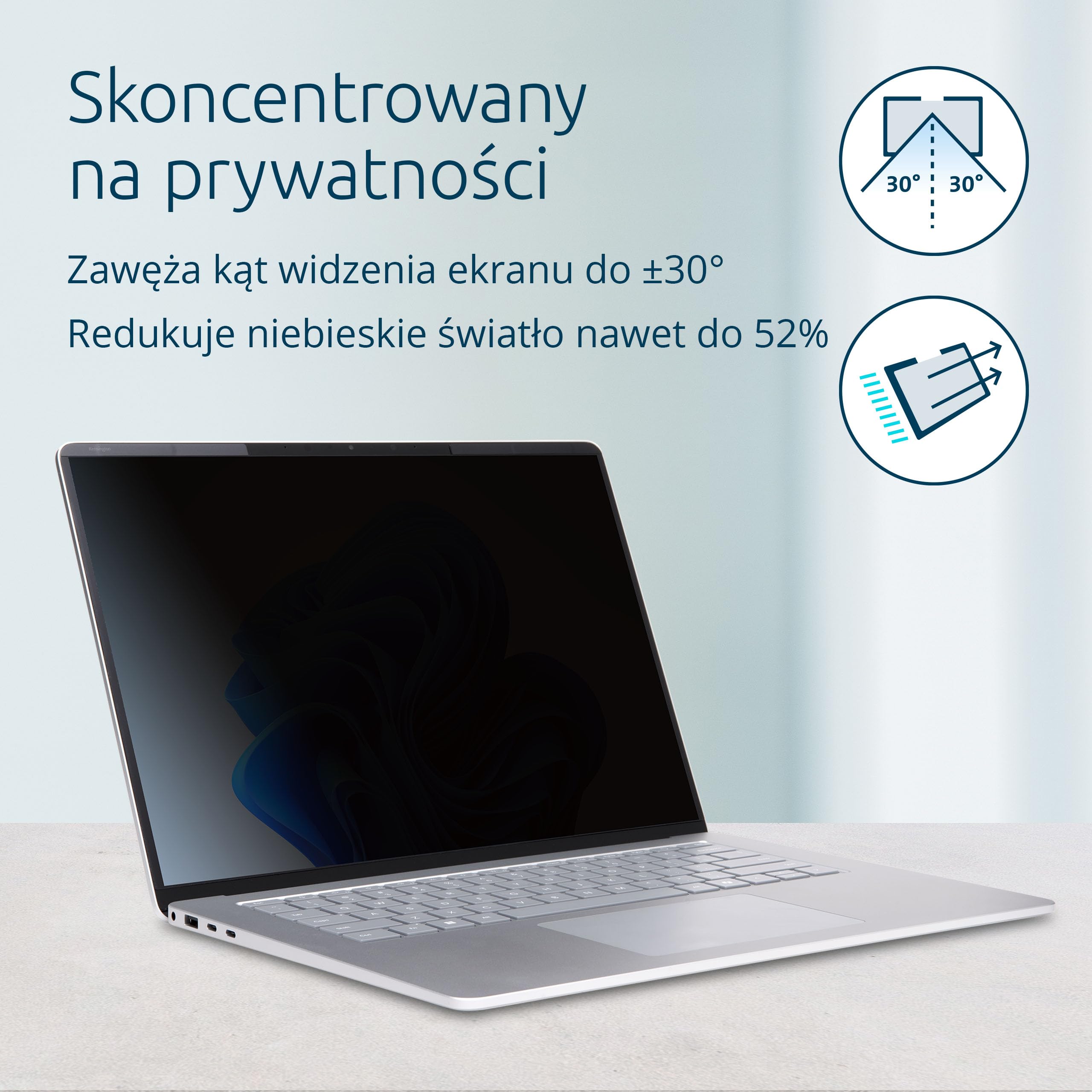 Magnetyczny filtr Kensington Elite – do laptopa Surface 13,8" (7 generacja), prywatyzujący, blokuje niebieskie światło, antyodblaskowy, odporny na rysowanie, działa z dotykiem i rysikiem Surface