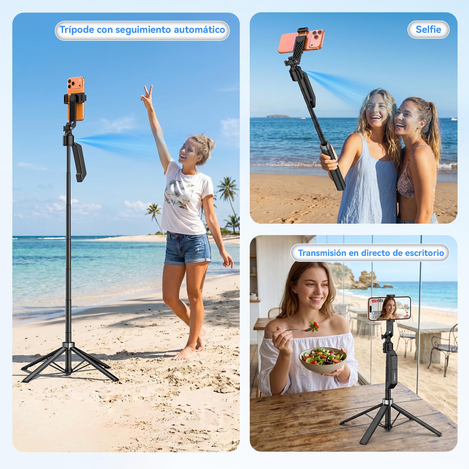 Trípode de Seguimiento Automático Facial para Smartphone 180 cm | Palo Selfie 360° sin App, trípode con control gestos y zoom, para iPhone, cámaras deportivas y vlogs