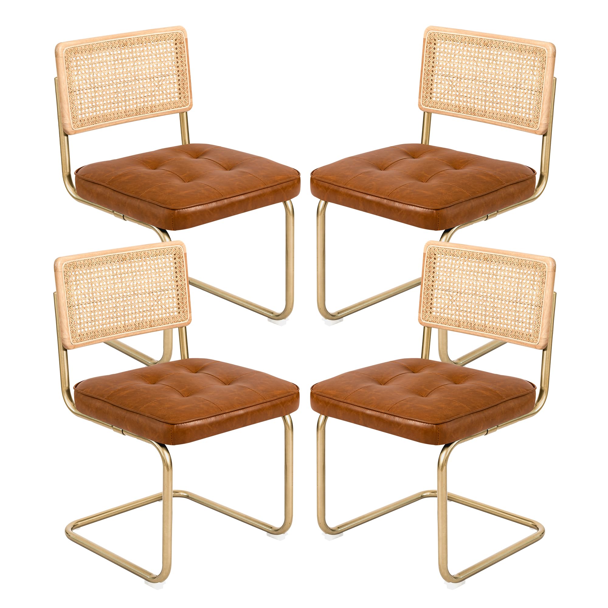 CangLong Natural Rattan Dining Chairs Set of 4, Upholstered Faux Leather Kitchen Chairs, Modern Dining Room Chairs with Solid Wood Back & Sturdy Metal Legs for Living Room, Restaurant, Brown