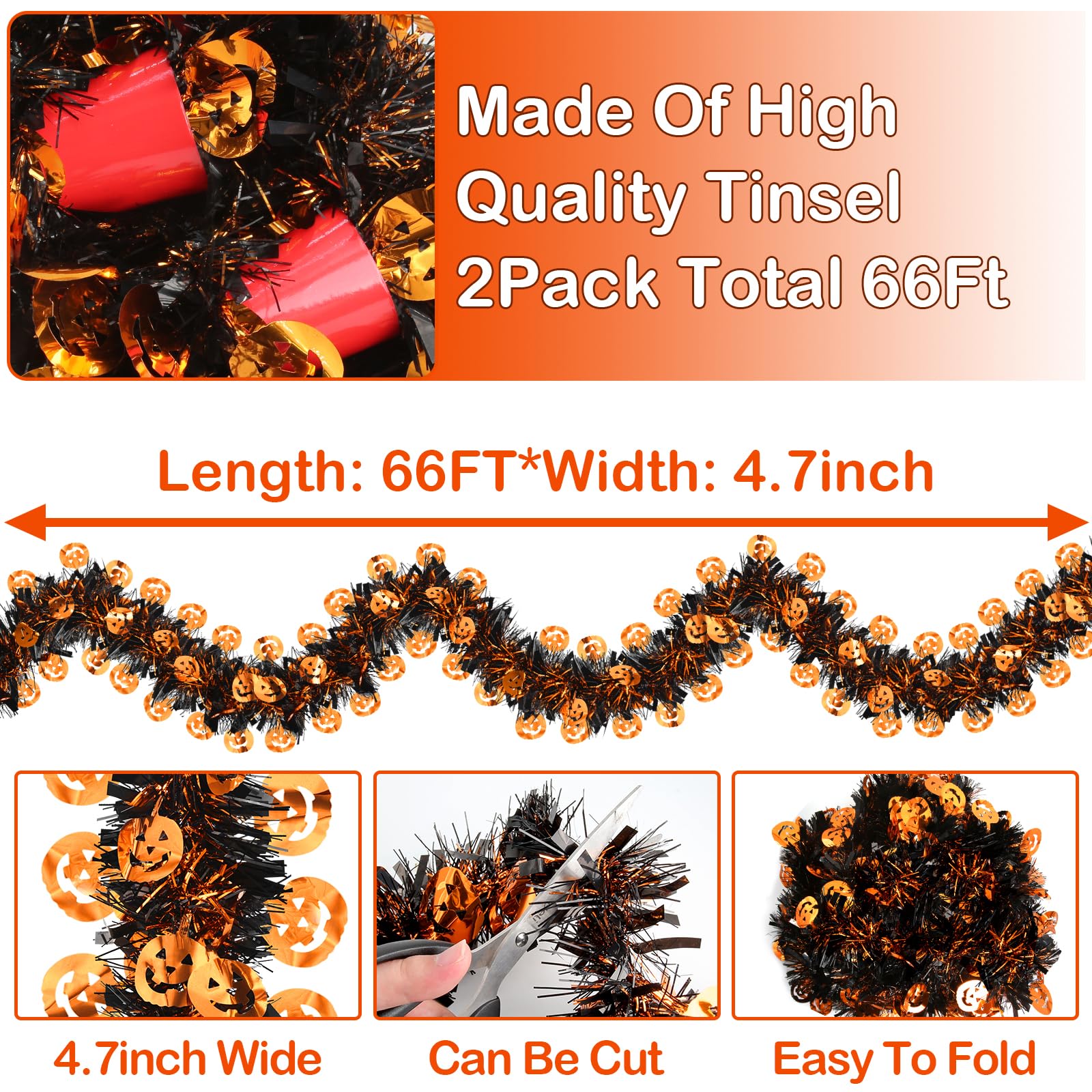 SURCVIO 2 Pack 66 FT Halloween Tinsel Garland Decor Black Orange Pumpkin Metallic Halloweens Decoration Tinsel Twist Garland for Halloween Party Home Indoor Outdoor Wall Porch Railing Ornaments