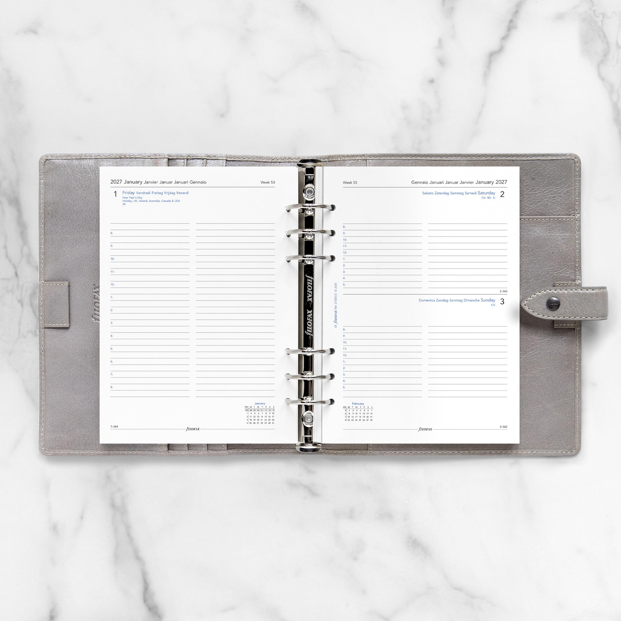 Filofax Recharge pour agenda 2027 format A5, 1 jour sur une page avec rendez-vous, papier blanc, multilingue : cinq langues, 2027 (C68515-27)