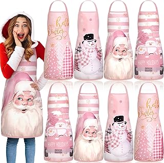 8 Pcs Christmas Aprons for Women Pink Stripes Santa Snowman Christmas Tr...