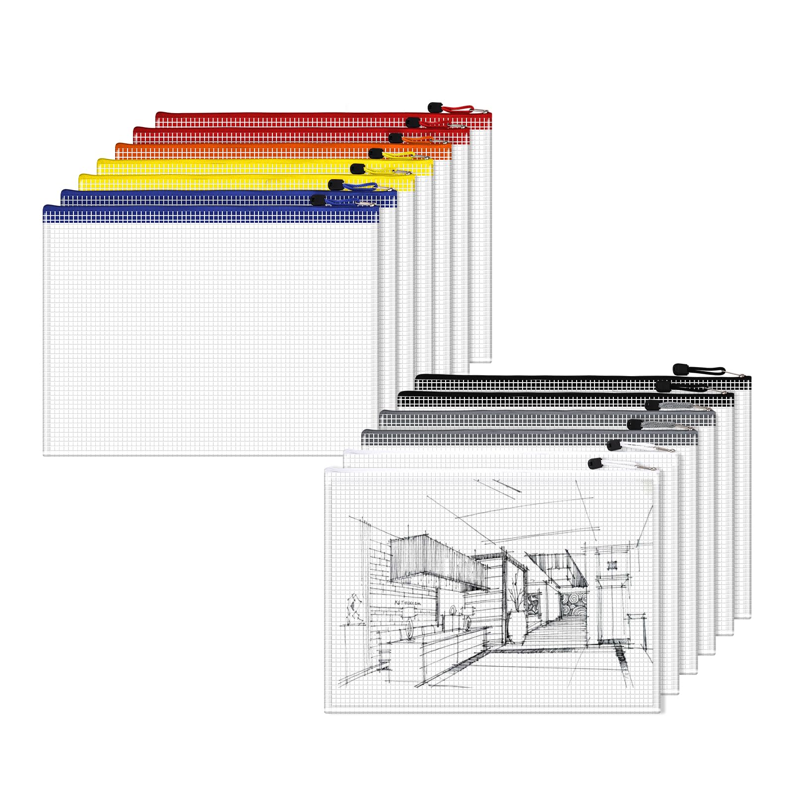 Dokumententasche A3-14 Stück Transparente Dokumentenmappe mit Reißverschluss, Mesh-Kunststoffbeutel für Dateien, Papiere, Dokumente, Kosmetika, Spielzeug-Bauteile, Hausaufgaben und Reisen