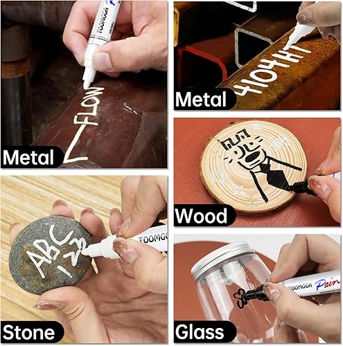 Miniatura 2 de Marcadores permanentes blancos y negros, paquete de 2 marcadores de pintura a base de aceite, punta media, bolígrafos de pintura de secado rápido