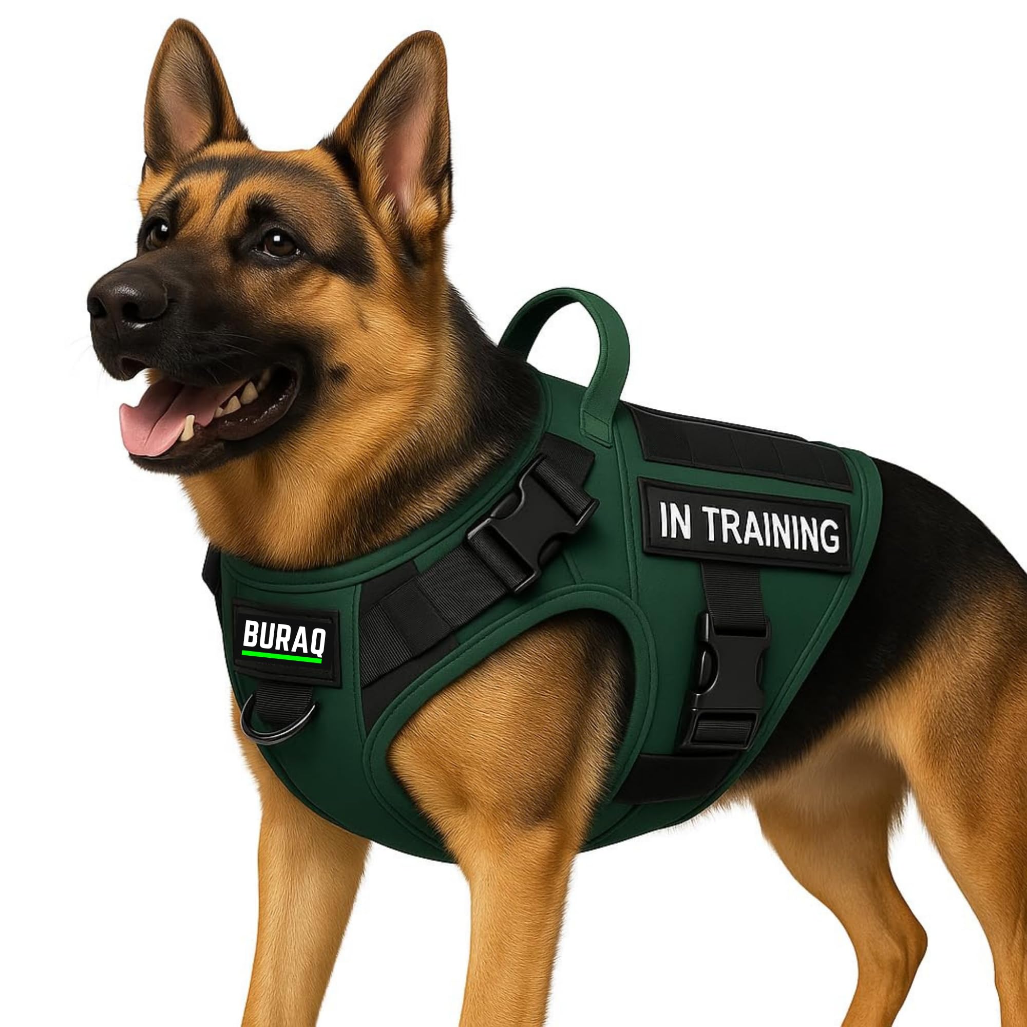 Buraq Tactical Dog Harness No-Pull Heavy Duty Pet Harness Adjustable with Handle Easy Control, Tactical Vest Harness for Walking Training Hiking (Dark Green, L)