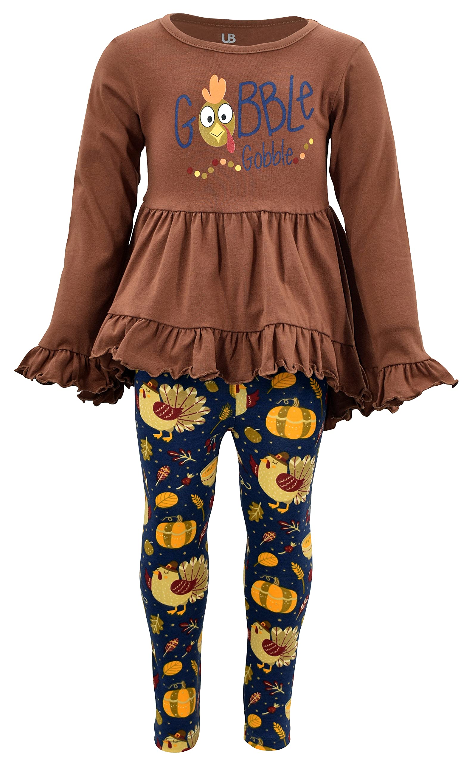 Unique Baby Girls 2 Piece Gobble Gobble Thanksgiving Legging Set (10, Brown)