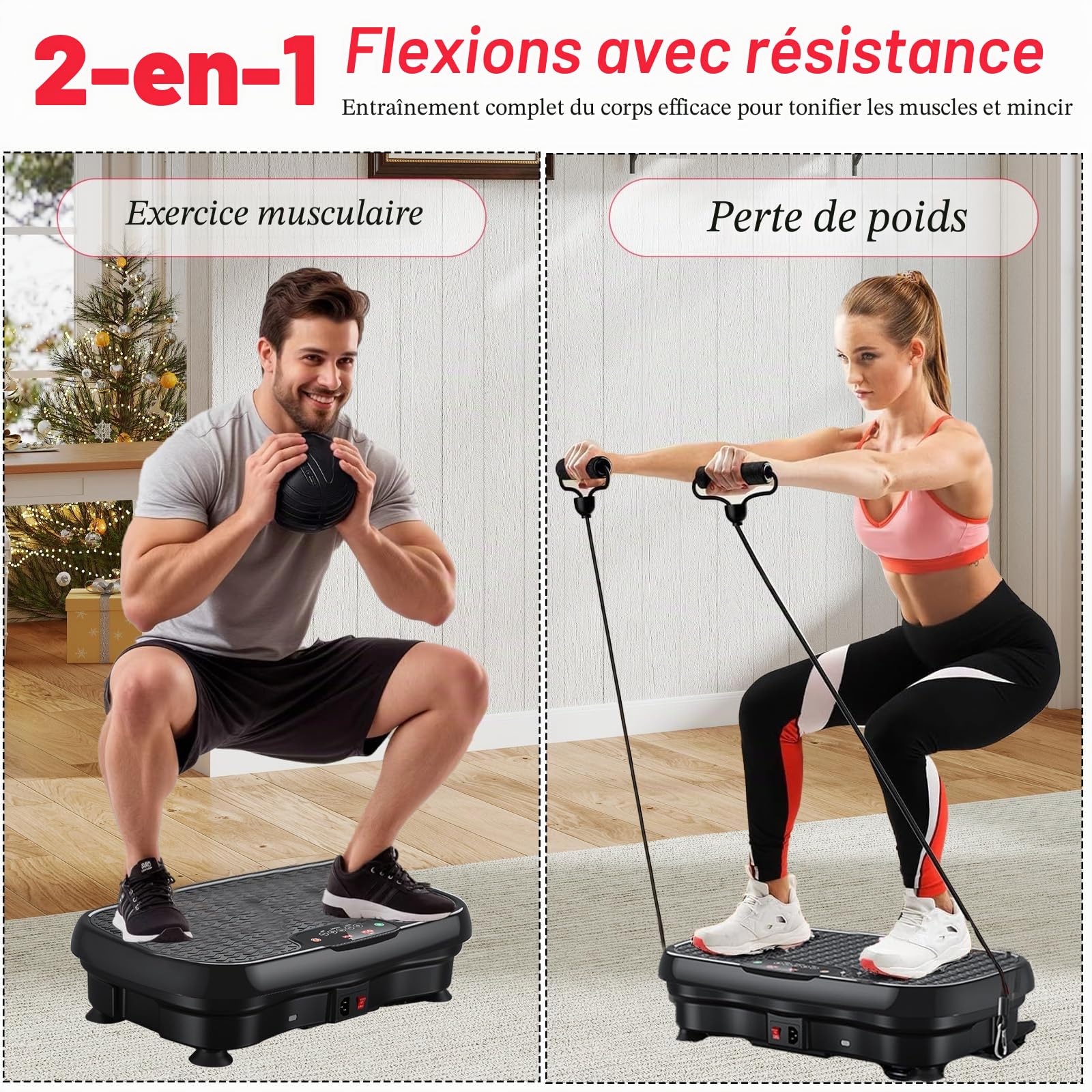 Plateforme vibrante pour la Maison, avec 120 Niveaux d'intensité et 5 Modes, livrée avec 2 Bandes de résistance et Une télécommande, pour la Perte de Poids et Le renforcement Musculaire