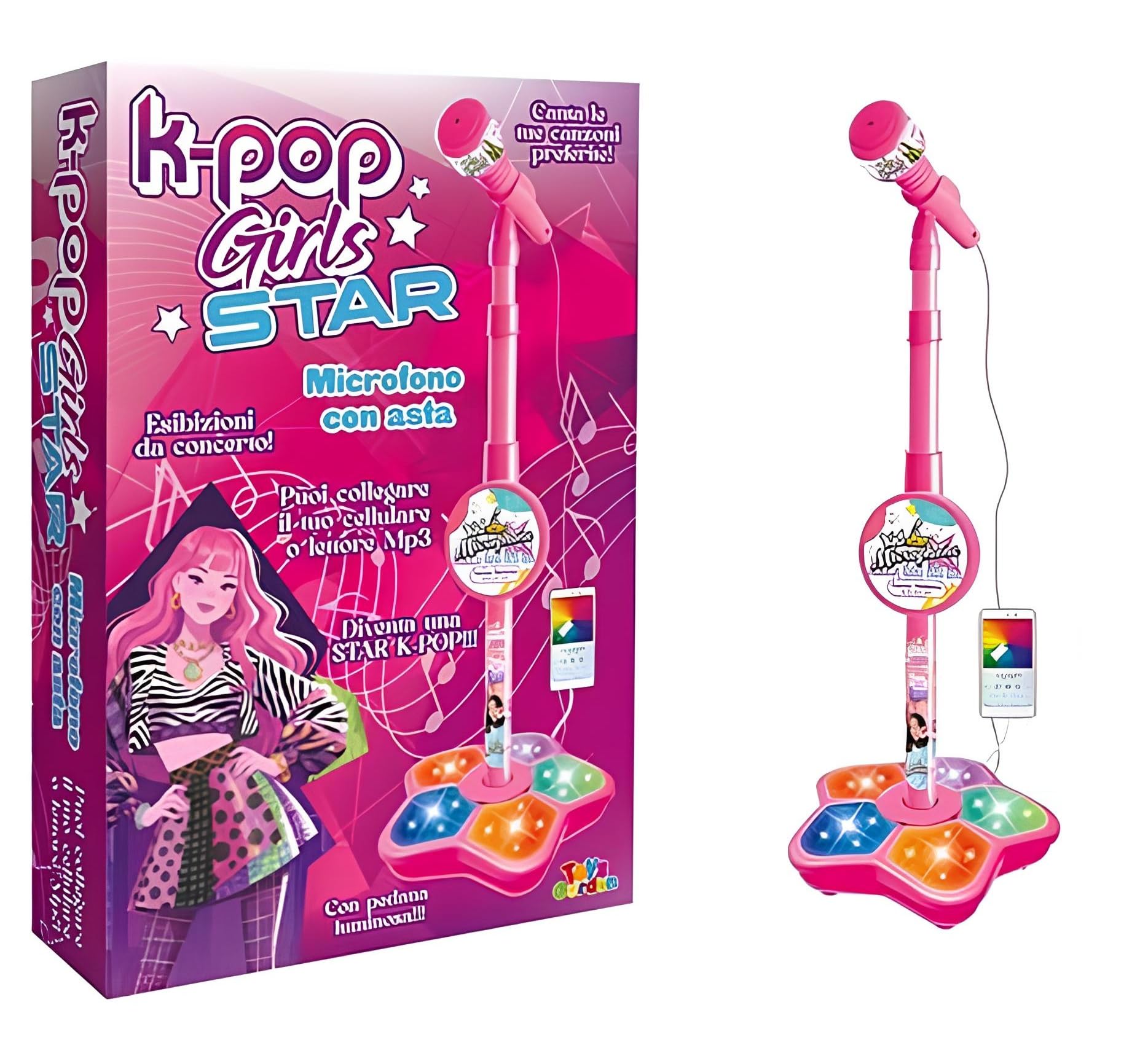 Microfono Karaoke K pop Idols Stars con Asta Regolabile e Pedana Luminosa, Luci LED, 100 cm, Giocattolo per Bambine - Idea Regalo