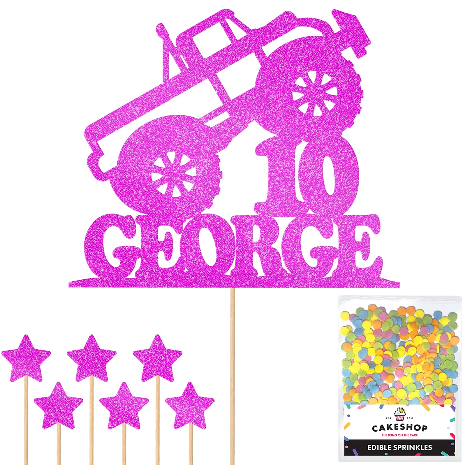 Personalised Monster Truck Glitter Cake Topper- Pink Any Custom Age & Name Glitter Cake Decoration and Sprinkles - Happy Birthday Decorations - Personalised Toppers for Cakes by Cakeshop — image 1