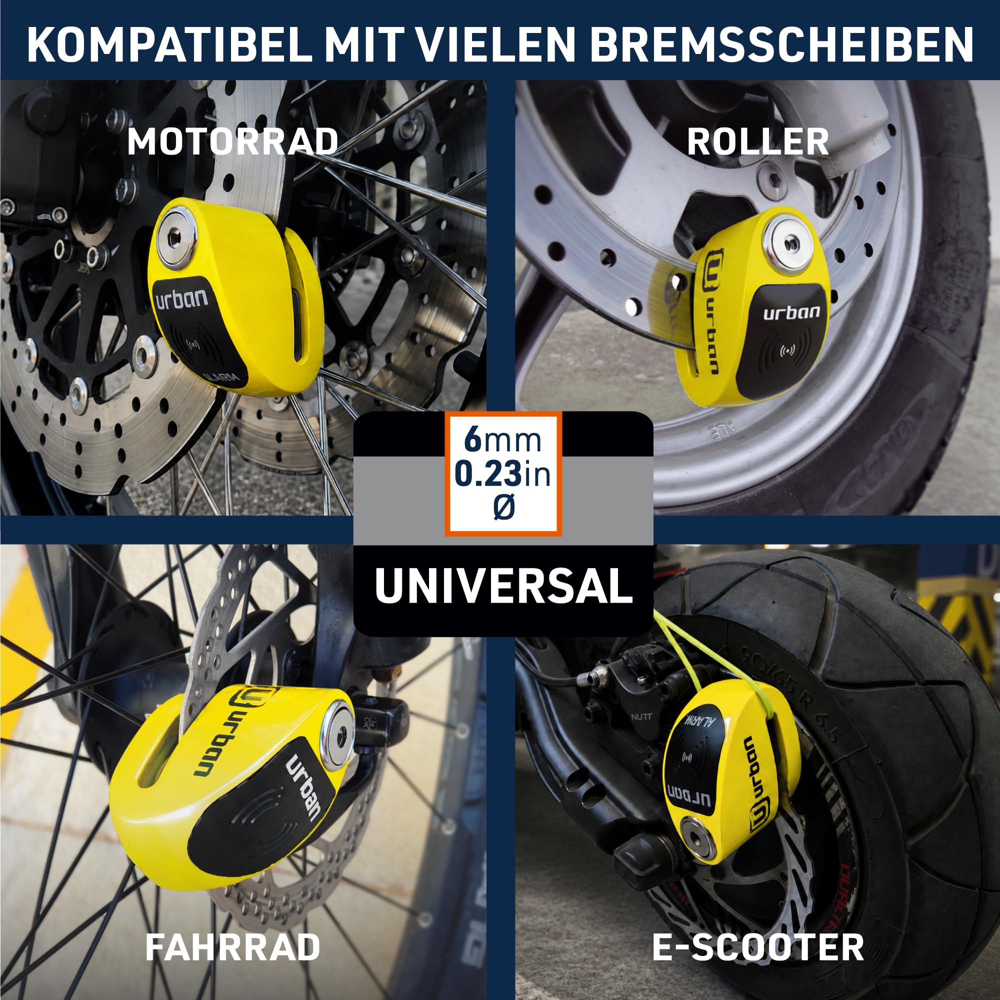 URBAN UR906Y Bremsscheibenschloss Motorrad mit 120dB Alarm X2 ON, Wasserdicht Austauschbares Modul, CR2 Batterie, Erinnerungskabel, 6mm Universelles Motorrad Schloos für Roller E-Bikes E-Scooter