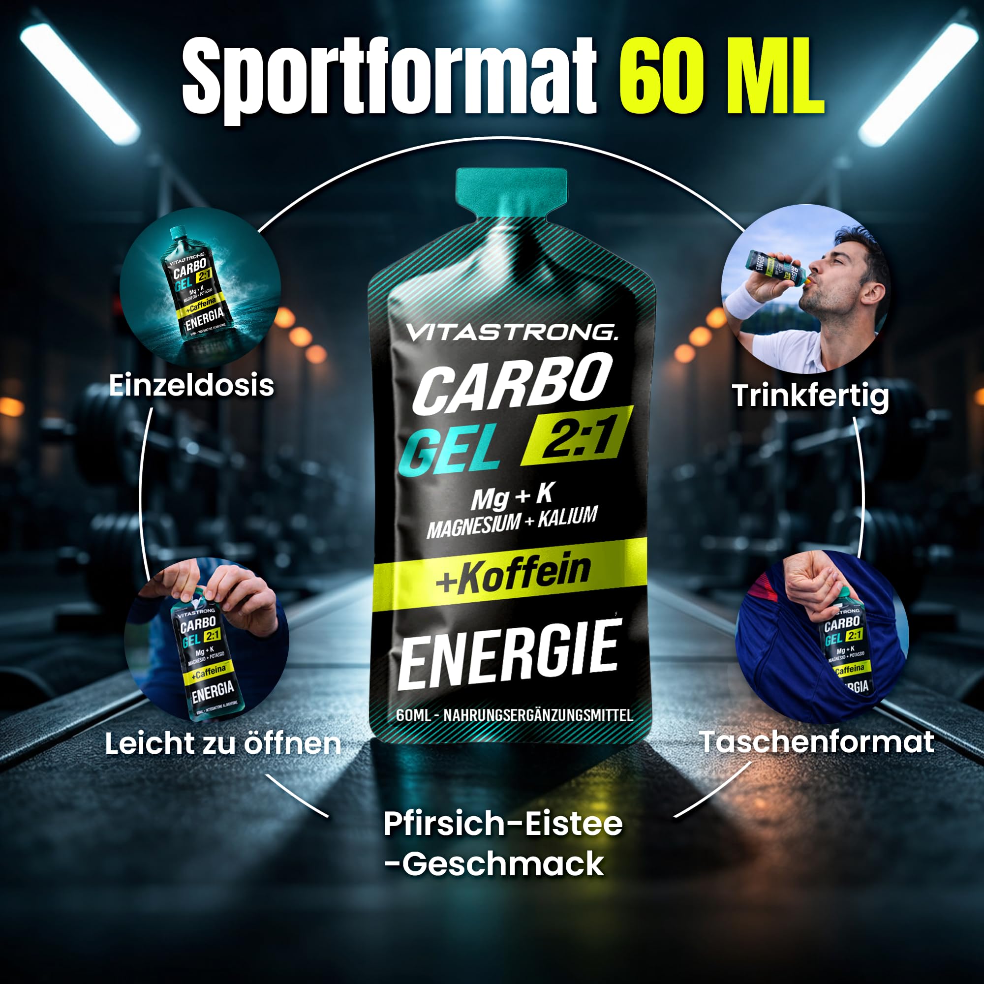 Vitastrong Carbo Gel 2:1 Energy, 24 x 60ml Monodosis, 40g Kohlenhydraten, 56mg Magnesium und 300mg Kalium/Portion, Maltodextrin für Intra-Workout (60ml (24er-Packung), Kohlenhydratgel mit Koffein)