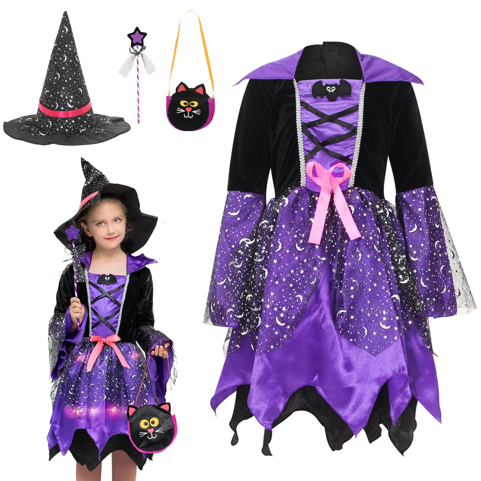 Cloudkids Déguisement Lumineux Halloween Sorcière Fille Costume Enfant Cosplay Carnaval