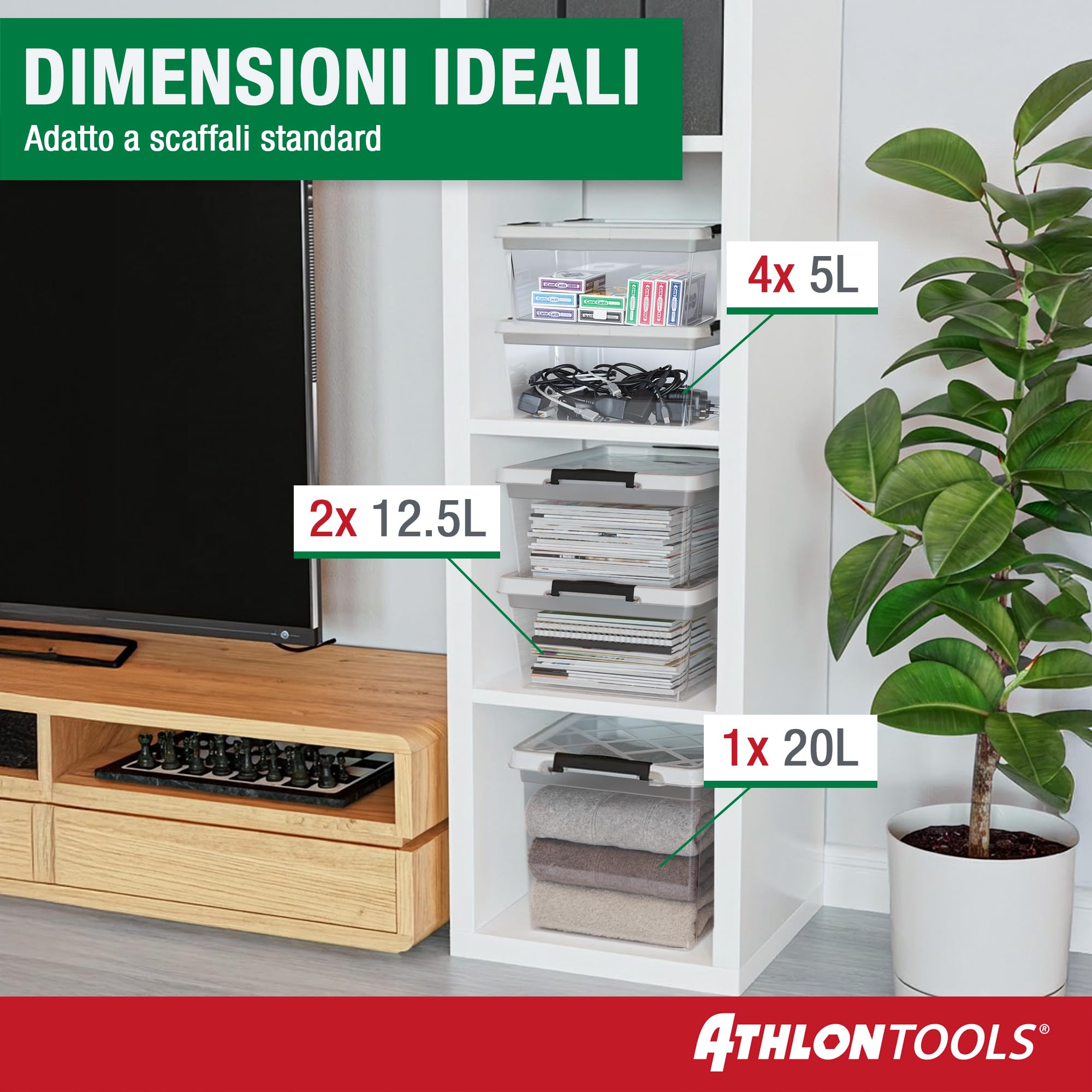 ATHLON TOOLS 4x 12,5L Scatole Plastica Trasparente con Coperchio – Contenitori Impilabili con Clip di Chiusura – Adatte per Alimenti – 100% Materiale Nuovo – Organizer Casa Cucina Ufficio Garage