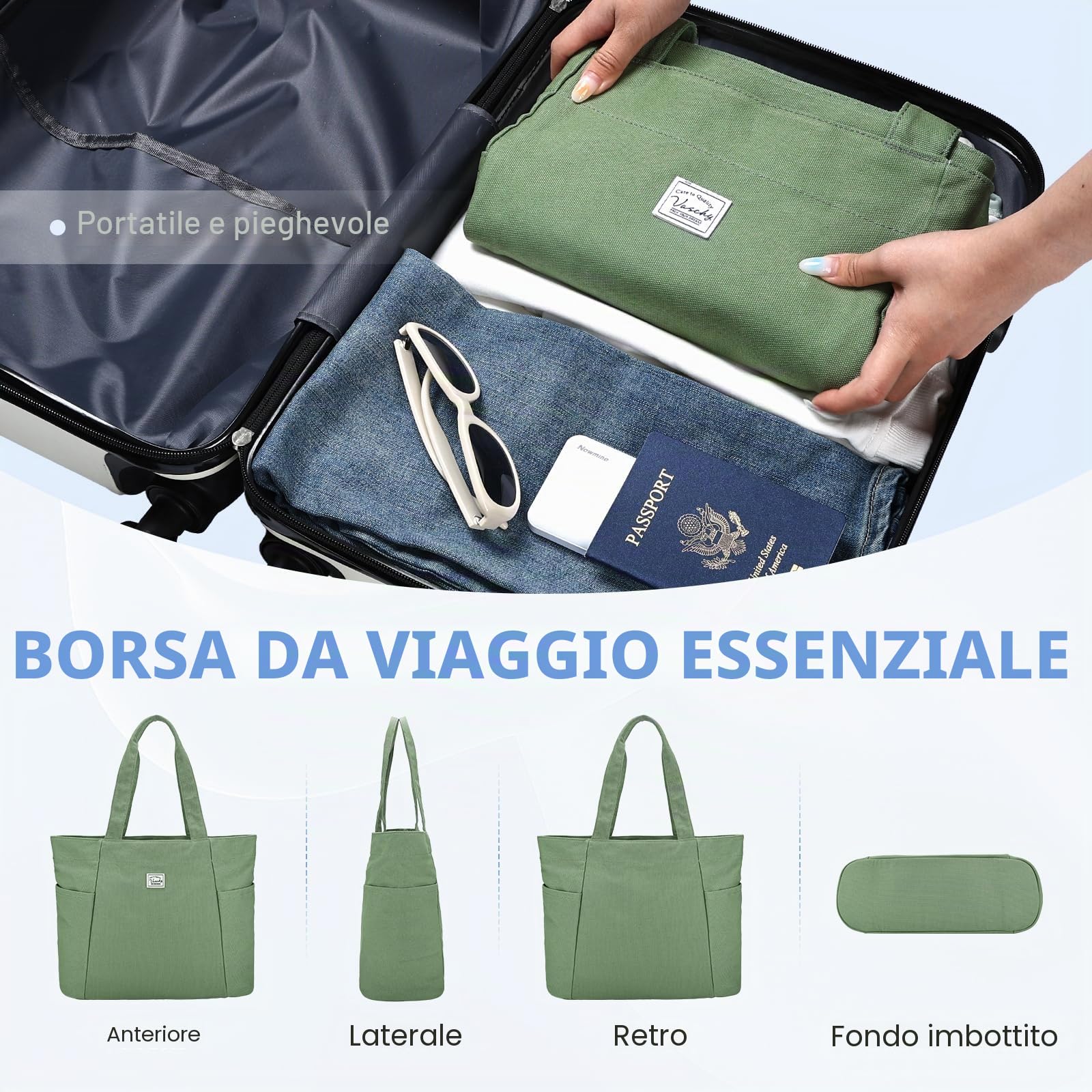 VASCHY Tote Bag,Borsa Donna Università Elegante Borsa Mare Pieghevole Borsa Tote Donna Lavoro Scuola Viaggio Palestra Shopping Bag Leggero