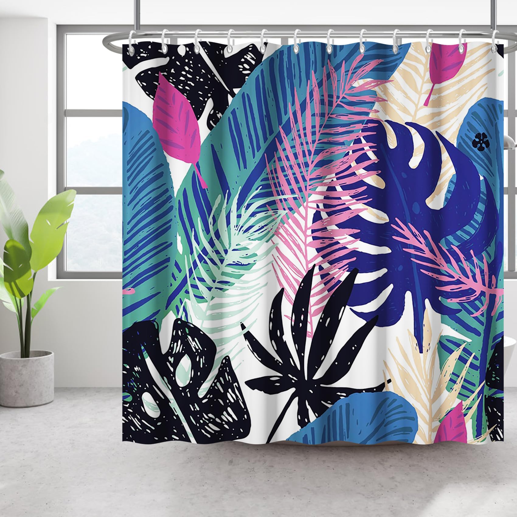 Bovlleetd 71x79inch Abstract Plant Shower Curtain Watercolor Bohemian Tropical Plant Bathroom Curtain Mid-Century Art Shower Curtain Waterproof Bath Curtain Washable for Bathroom Decor