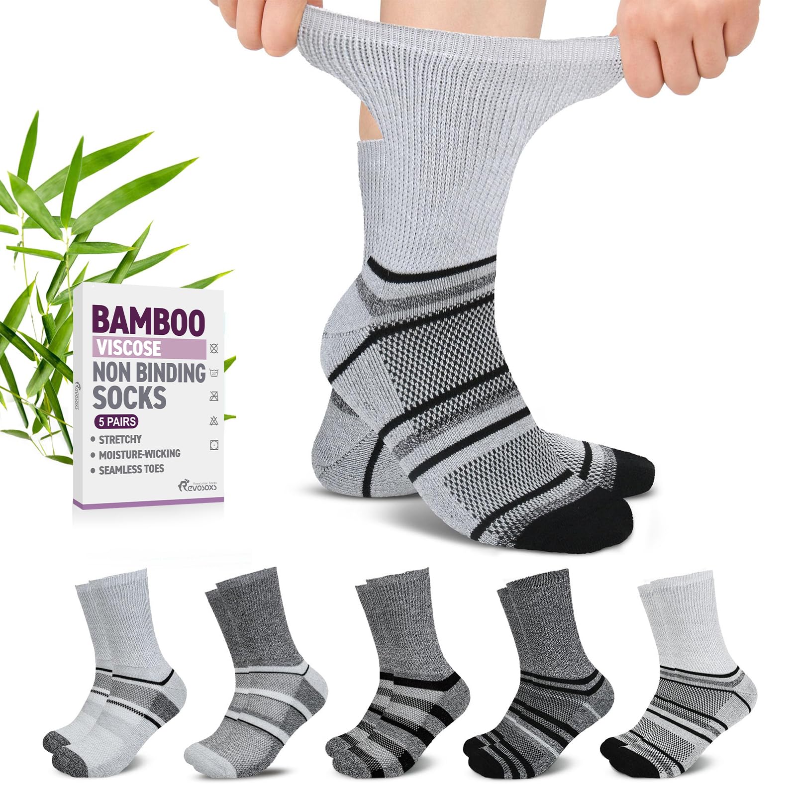 Revosoxs Diabetic Crew Socks for Men Women,Bamboo Viscose Non-Binding Loose Top Wide Socks with Seamless Toe 9-12 10-13