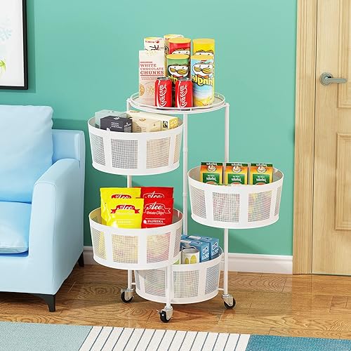 Miniatura 6 de STYLIFING Cesta de frutas y verduras para cocina, estante giratorio de 4 niveles con ruedas con bloqueo, carrito de almacenamiento para el hogar,